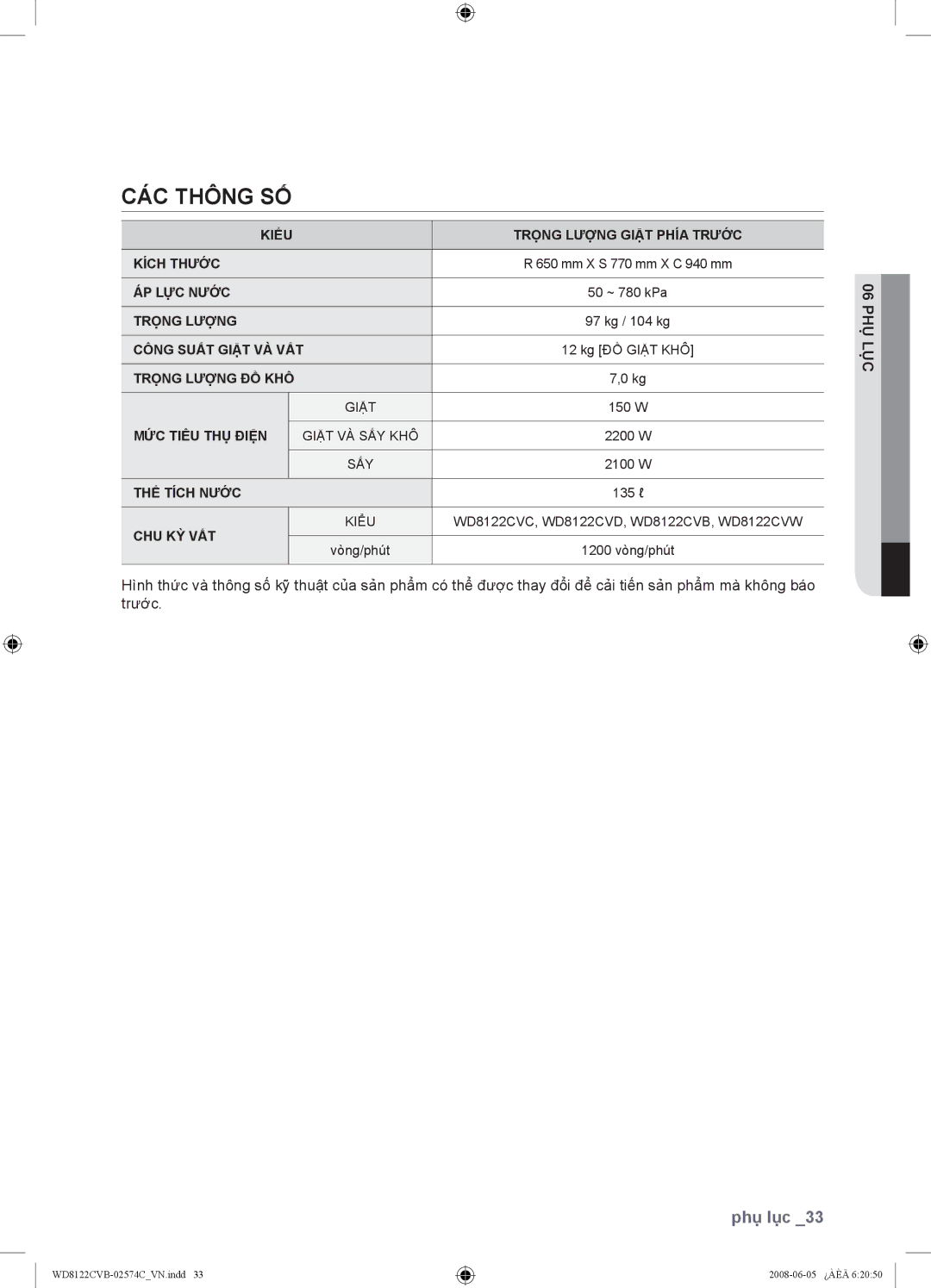 Samsung WD8122CVB, WD8122CVC, WD8122CVW, WD8122CVD user manual CÁC Thông SỐ, 06 PHỤ LỤC 