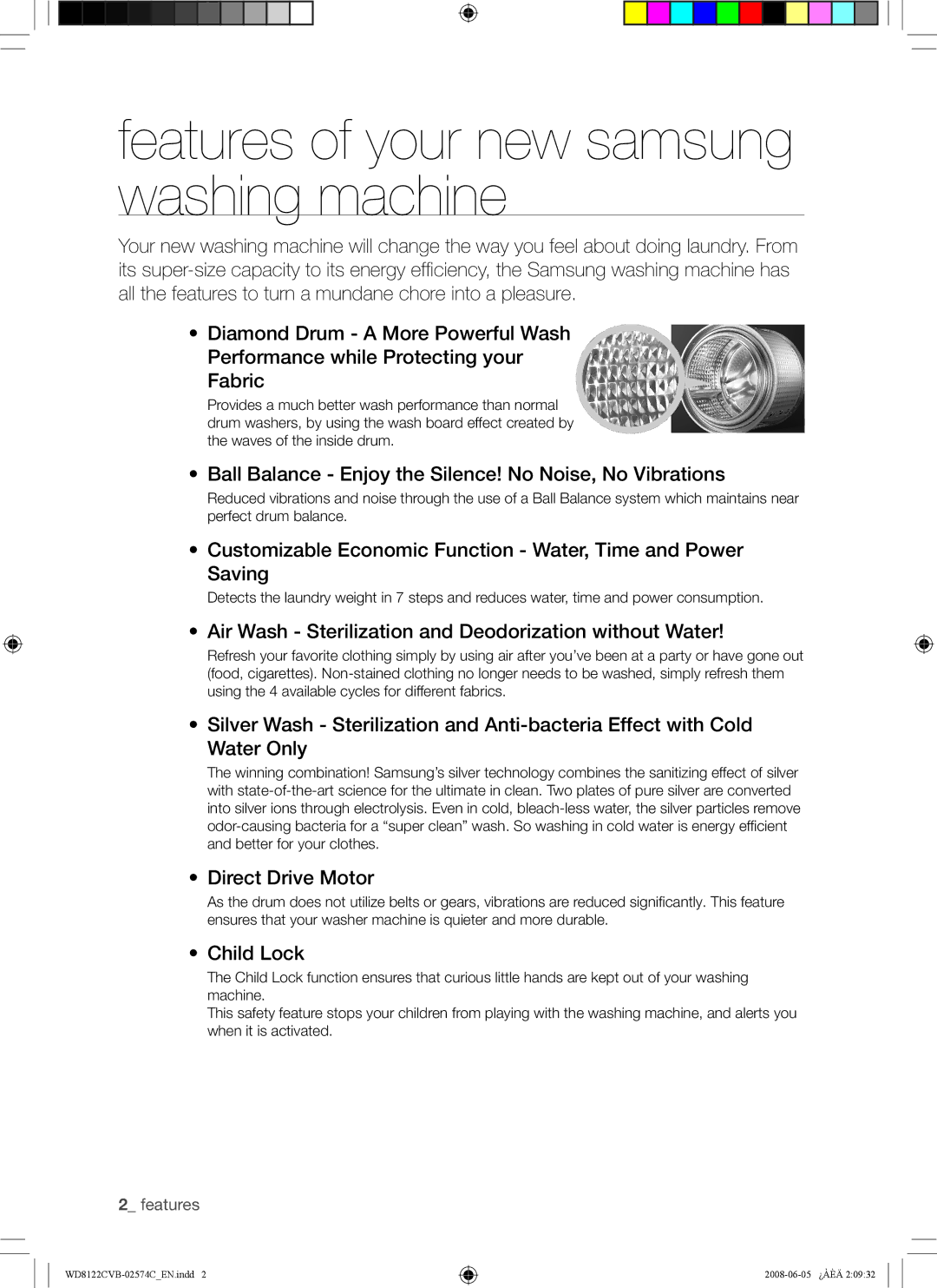 Samsung WD8122CVW, WD8122CVC, WD8122CVB, WD8122CVD user manual Features of your new samsung washing machine 