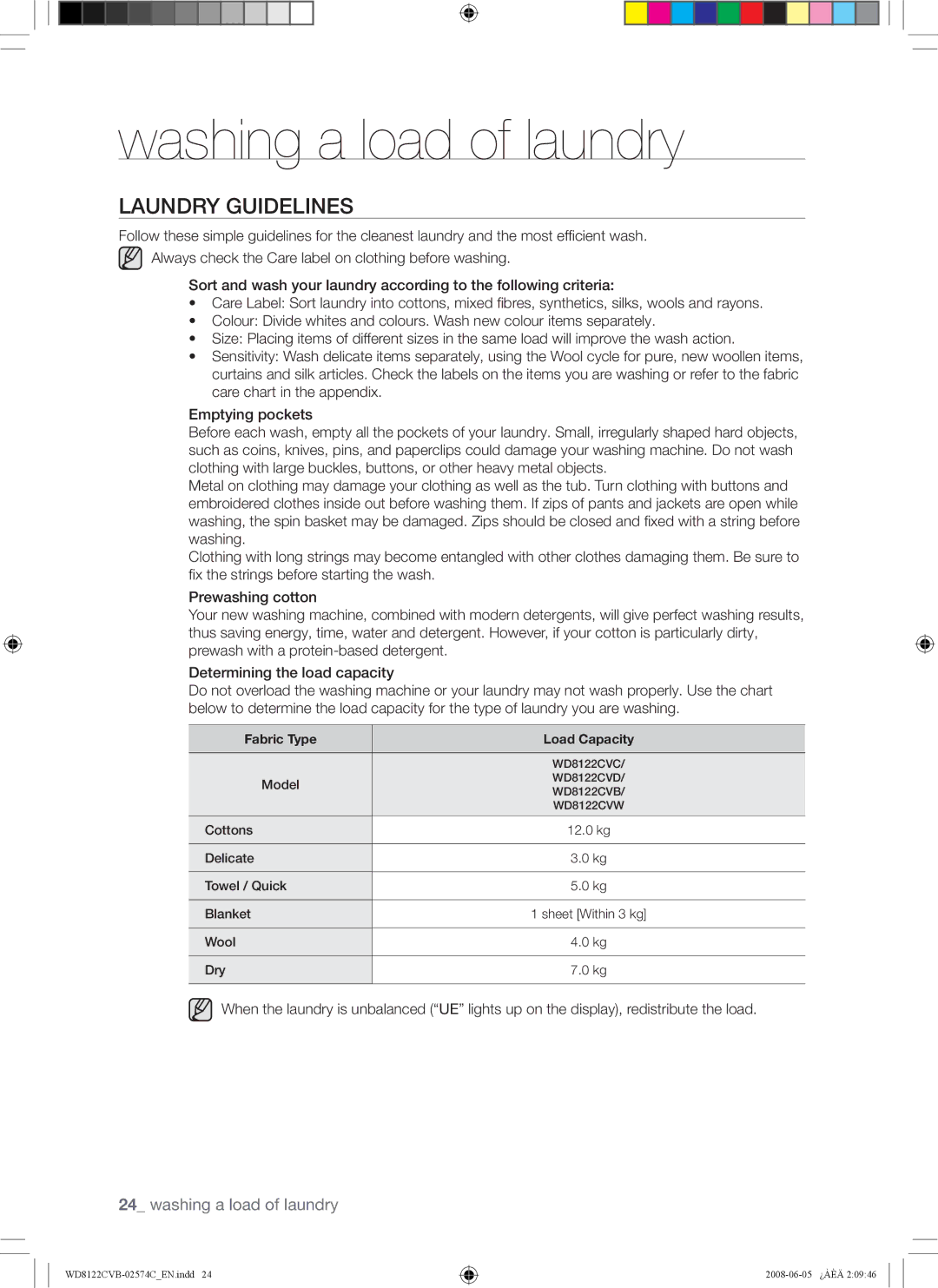 Samsung WD8122CVC, WD8122CVB, WD8122CVW, WD8122CVD user manual Laundry Guidelines, Fabric Type Load Capacity 