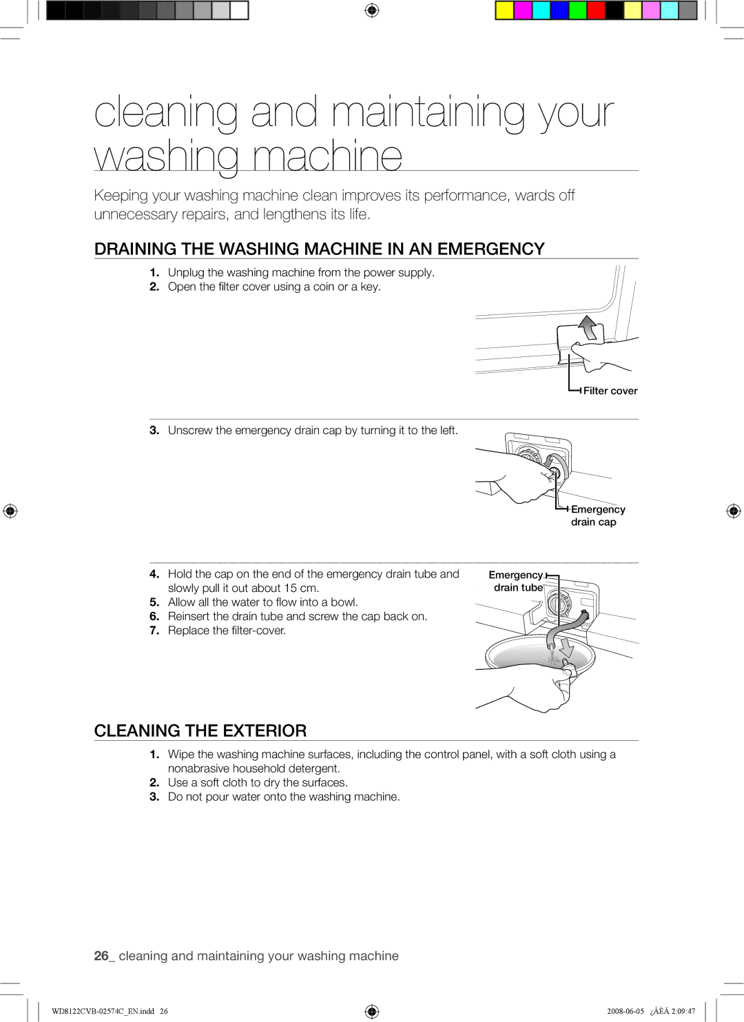 Samsung WD8122CVW, WD8122CVC Cleaning and maintaining your washing machine, Draining the Washing Machine in AN Emergency 