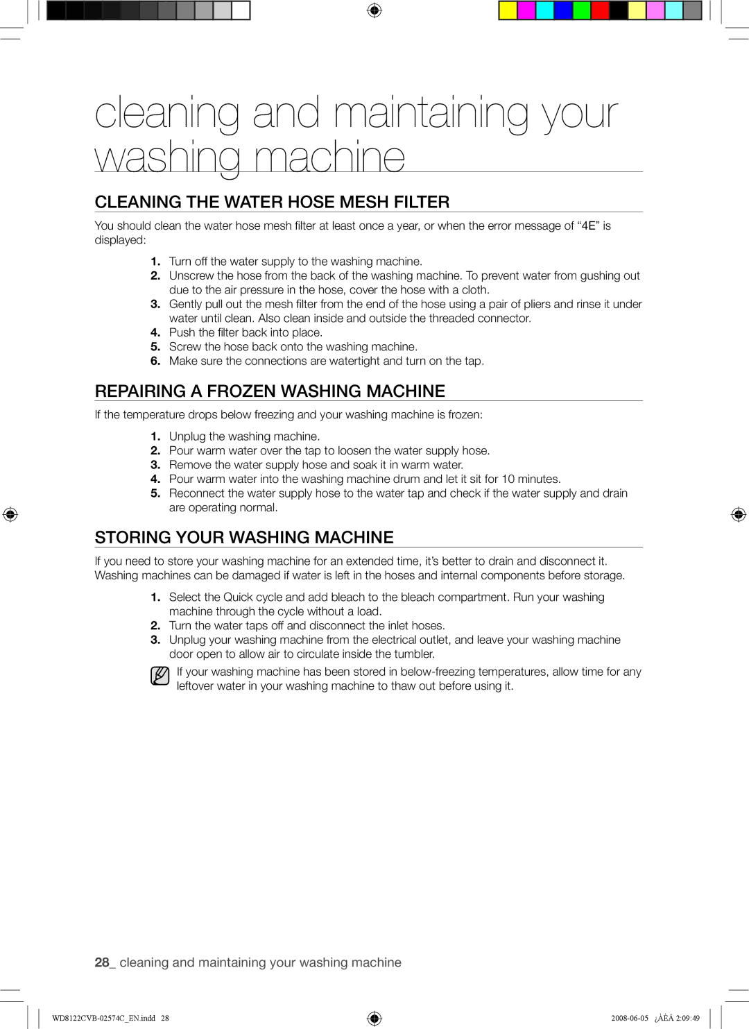 Samsung WD8122CVC Cleaning the Water Hose Mesh Filter, Repairing a Frozen Washing Machine, Storing Your Washing Machine 