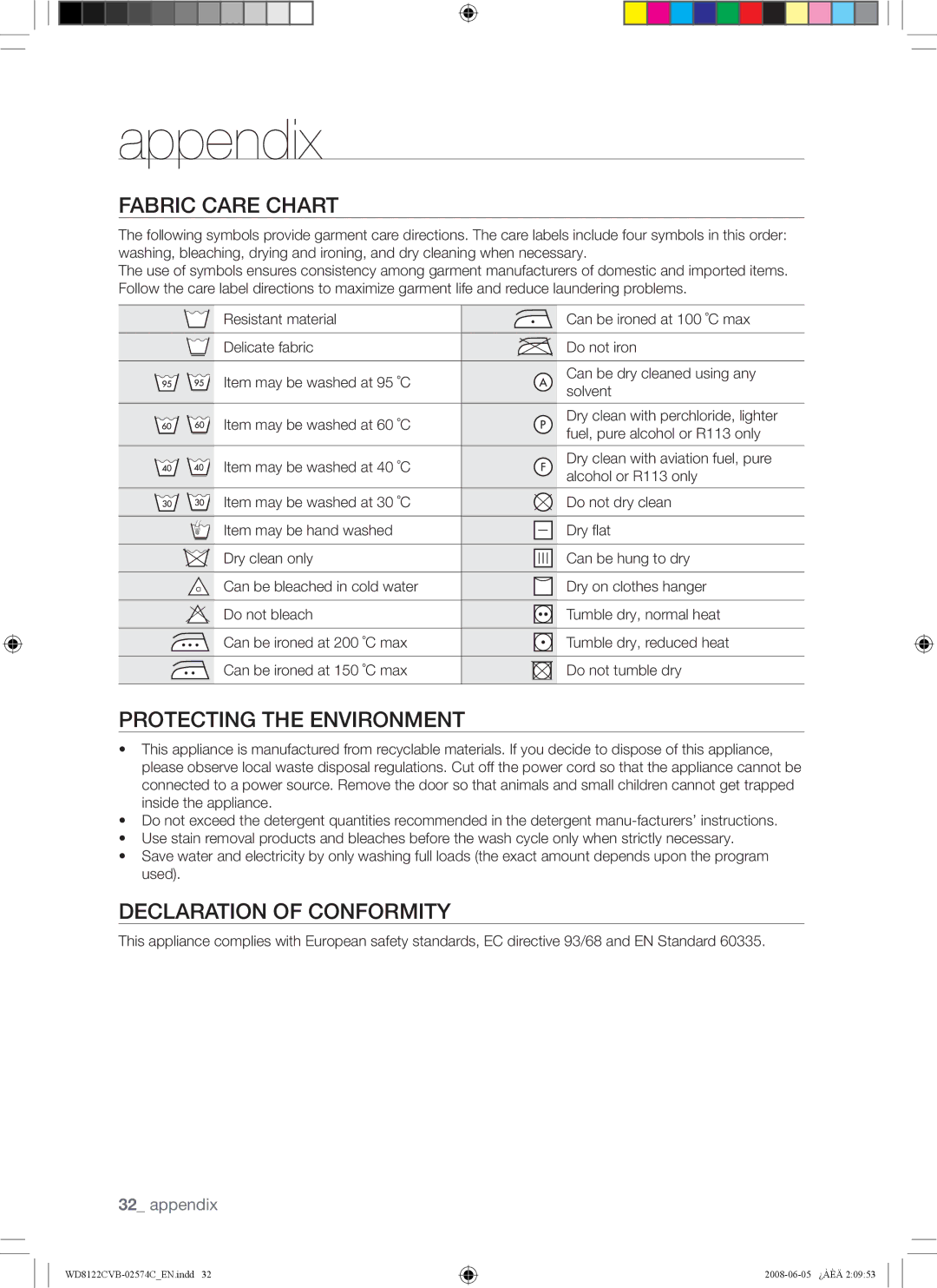 Samsung WD8122CVC, WD8122CVB, WD8122CVW Appendix, Fabric Care Chart, Protecting the Environment, Declaration of Conformity 