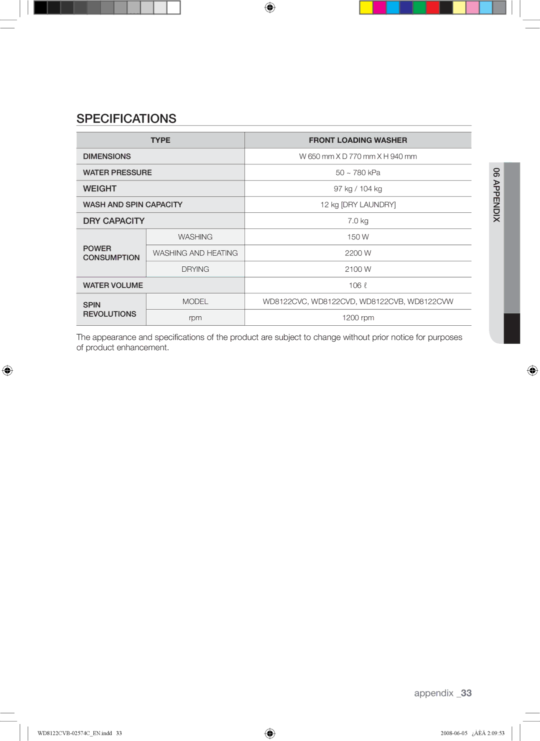 Samsung WD8122CVB, WD8122CVC, WD8122CVW, WD8122CVD user manual Specifications, DRY Capacity 