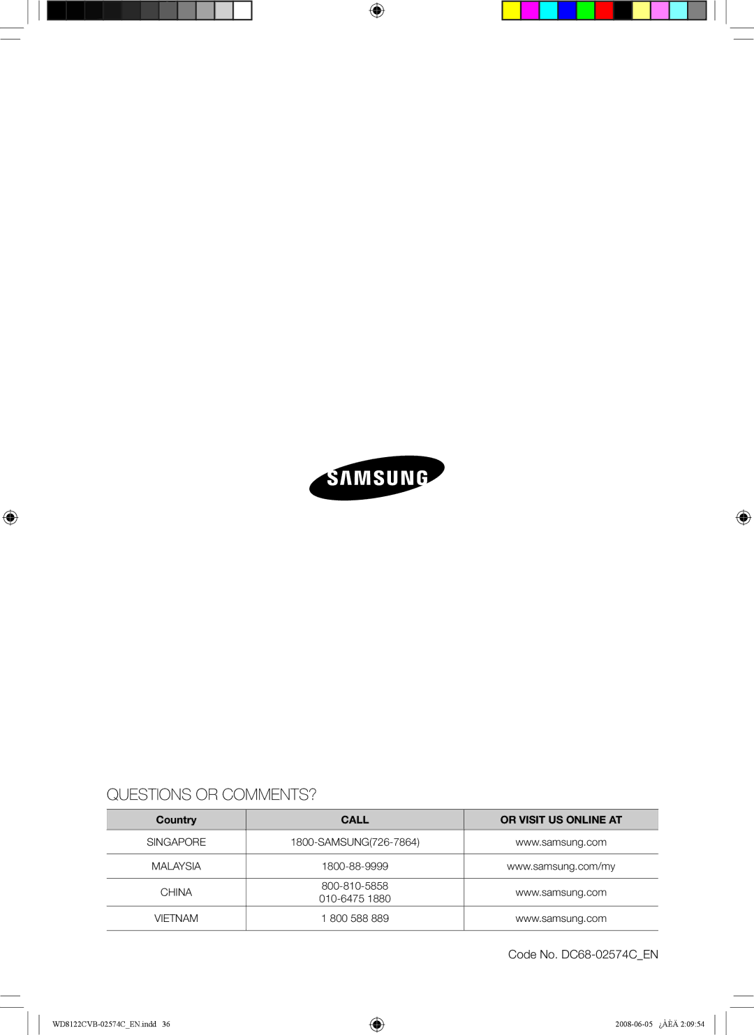 Samsung WD8122CVC, WD8122CVB, WD8122CVW, WD8122CVD user manual Questions or COMMENTS? 