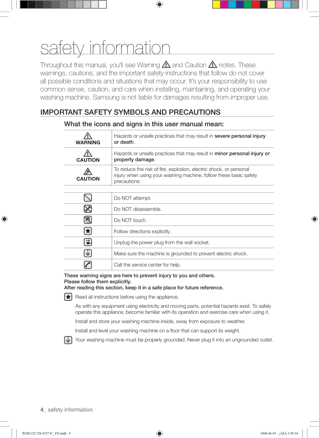 Samsung WD8122CVC, WD8122CVB, WD8122CVW, WD8122CVD user manual Safety information, Important Safety Symbols and Precautions 