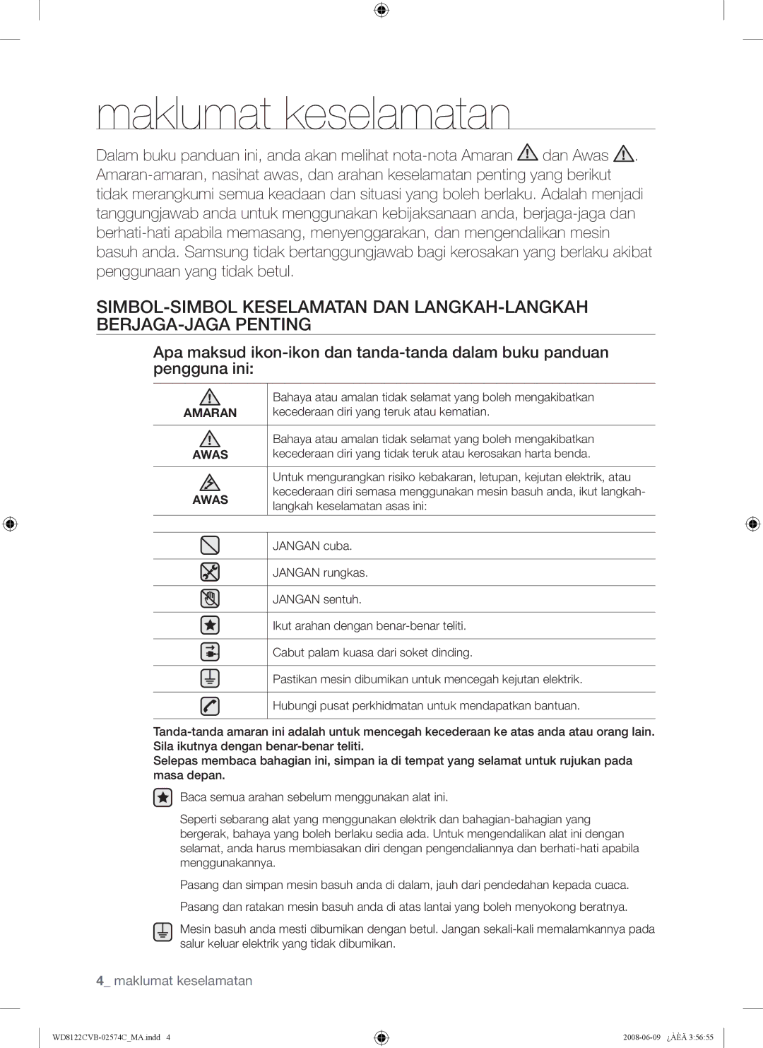 Samsung WD8122CVC, WD8122CVB, WD8122CVW, WD8122CVD user manual Maklumat keselamatan, Amaran, Awas 