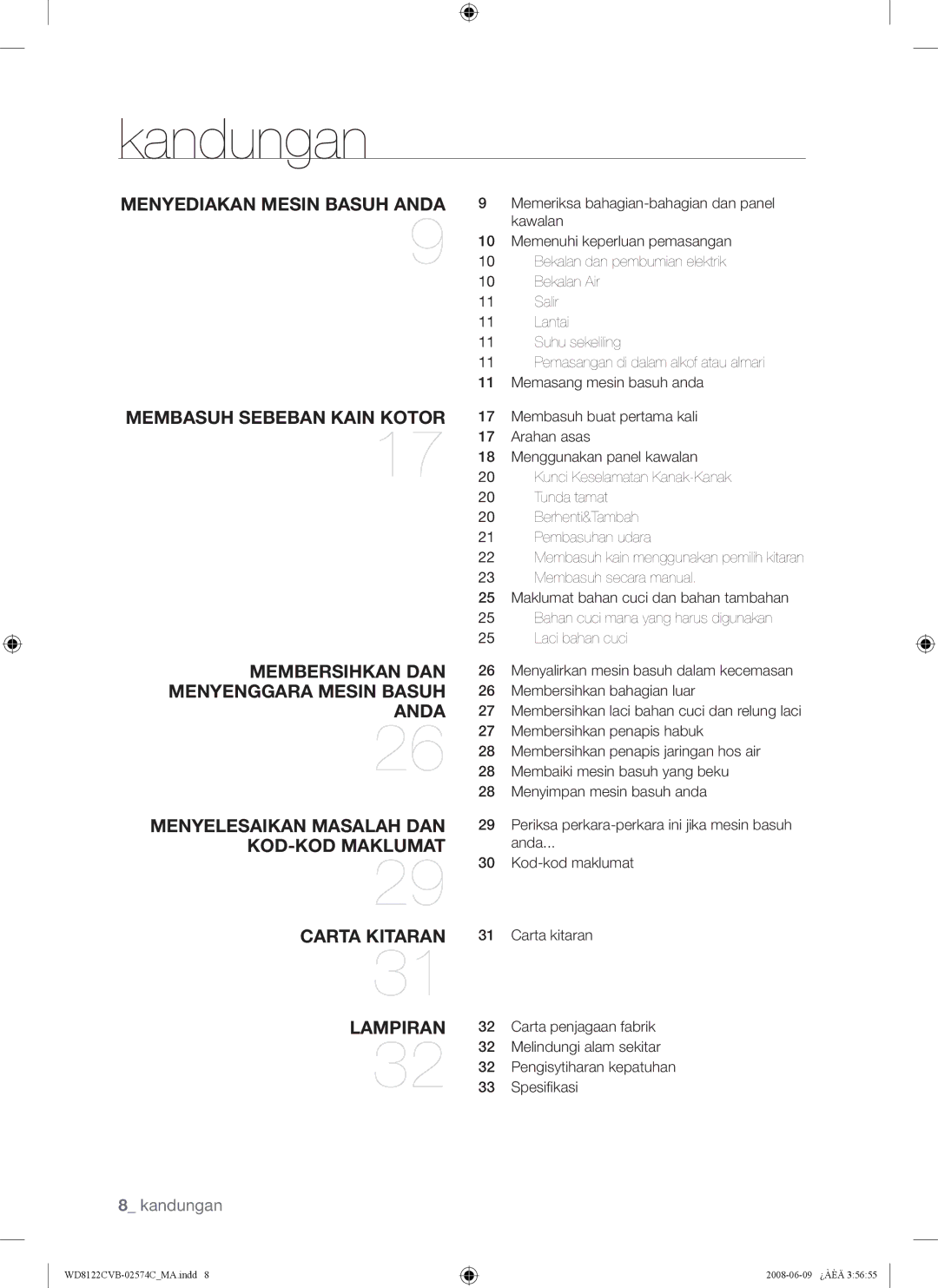 Samsung WD8122CVC, WD8122CVB, WD8122CVW, WD8122CVD user manual Kandungan, Menyediakan Mesin Basuh Anda 