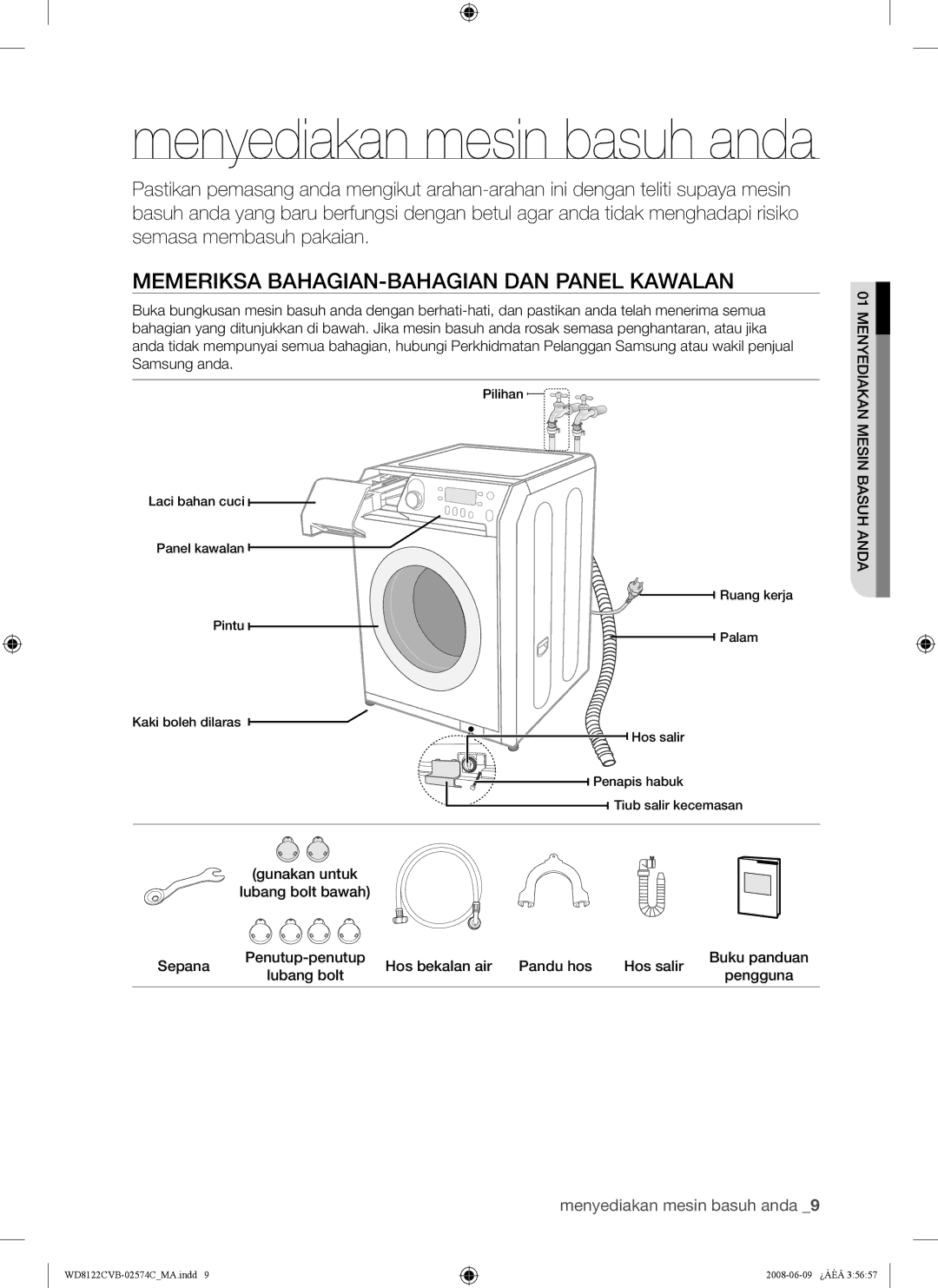 Samsung WD8122CVB, WD8122CVC, WD8122CVW Menyediakan mesin basuh anda, Memeriksa BAHAGIAN-BAHAGIAN DAN Panel Kawalan 