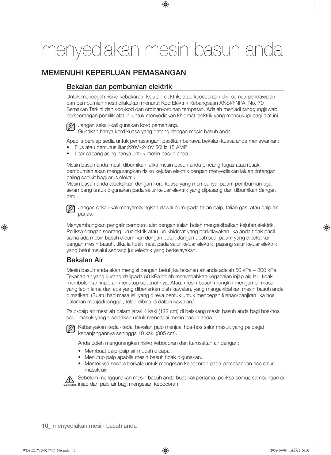 Samsung WD8122CVW Menyediakan mesin basuh anda, Memenuhi Keperluan Pemasangan, Bekalan dan pembumian elektrik, Bekalan Air 