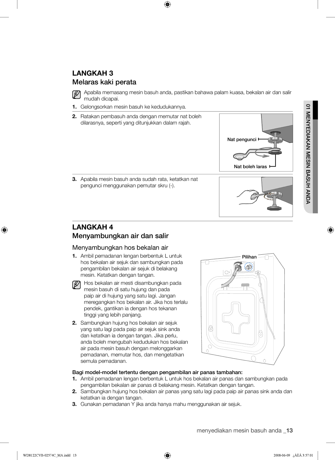 Samsung WD8122CVB, WD8122CVC, WD8122CVW, WD8122CVD user manual Melaras kaki perata, Menyambungkan air dan salir 