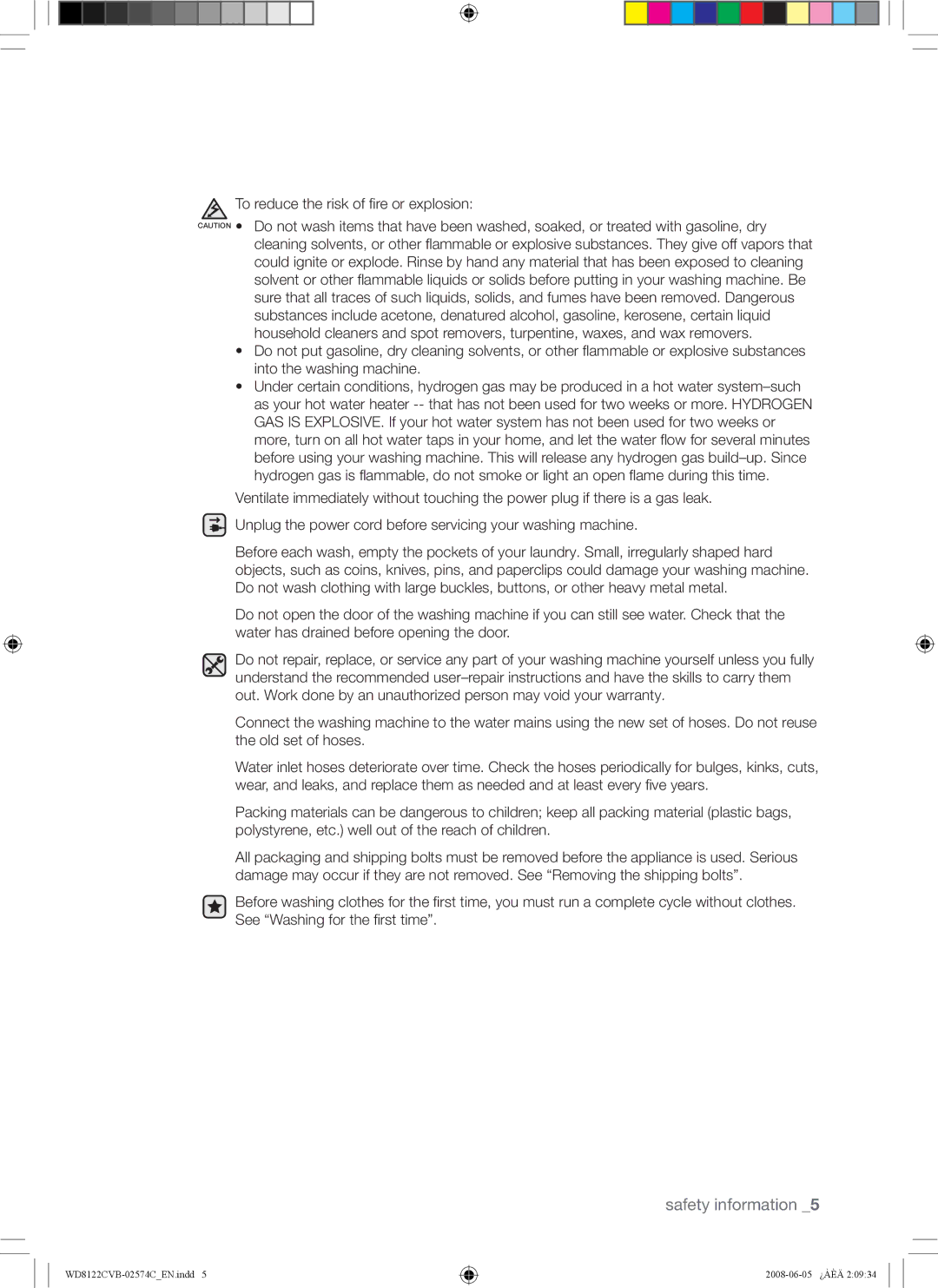 Samsung WD8122CVB, WD8122CVC, WD8122CVW, WD8122CVD user manual Safety information 