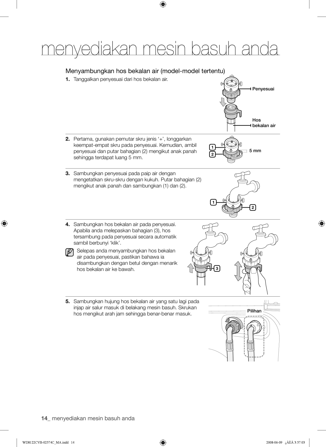 Samsung WD8122CVW, WD8122CVC, WD8122CVB, WD8122CVD user manual Menyambungkan hos bekalan air model-model tertentu 