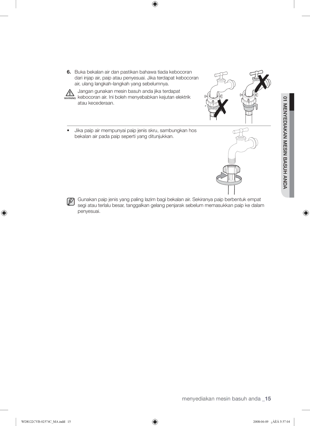 Samsung WD8122CVD, WD8122CVC, WD8122CVB, WD8122CVW user manual Menyediakan mesin basuh anda 