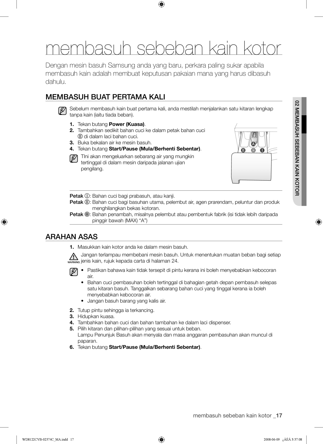 Samsung WD8122CVB, WD8122CVC, WD8122CVW, WD8122CVD user manual Membasuh Buat Pertama Kali, Arahan Asas 