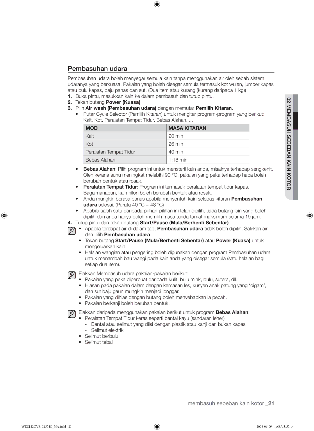 Samsung WD8122CVB, WD8122CVC, WD8122CVW, WD8122CVD user manual Pembasuhan udara, MOD Masa Kitaran 