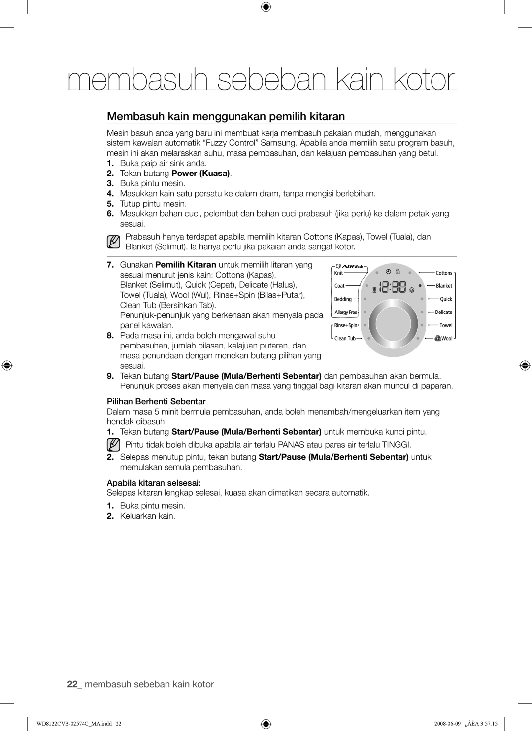 Samsung WD8122CVW, WD8122CVC, WD8122CVB, WD8122CVD user manual Membasuh kain menggunakan pemilih kitaran 