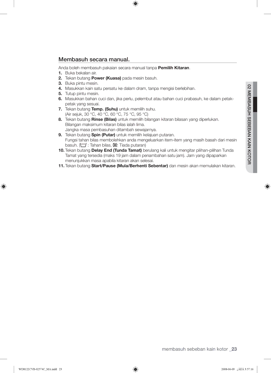 Samsung WD8122CVD, WD8122CVC, WD8122CVB, WD8122CVW user manual Membasuh secara manual 