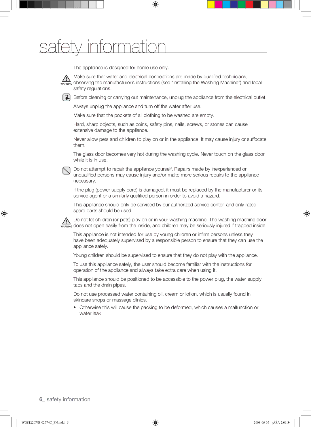 Samsung WD8122CVW, WD8122CVC, WD8122CVB, WD8122CVD user manual Appliance is designed for home use only 