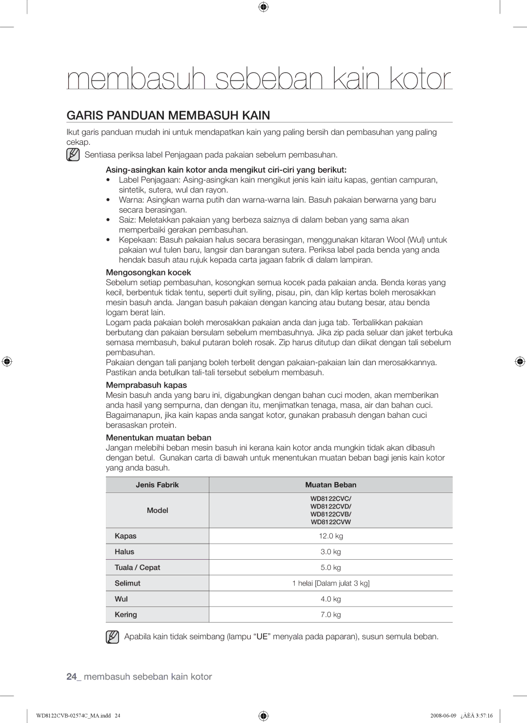 Samsung WD8122CVC, WD8122CVB, WD8122CVW, WD8122CVD user manual Garis Panduan Membasuh Kain, Jenis Fabrik Muatan Beban 