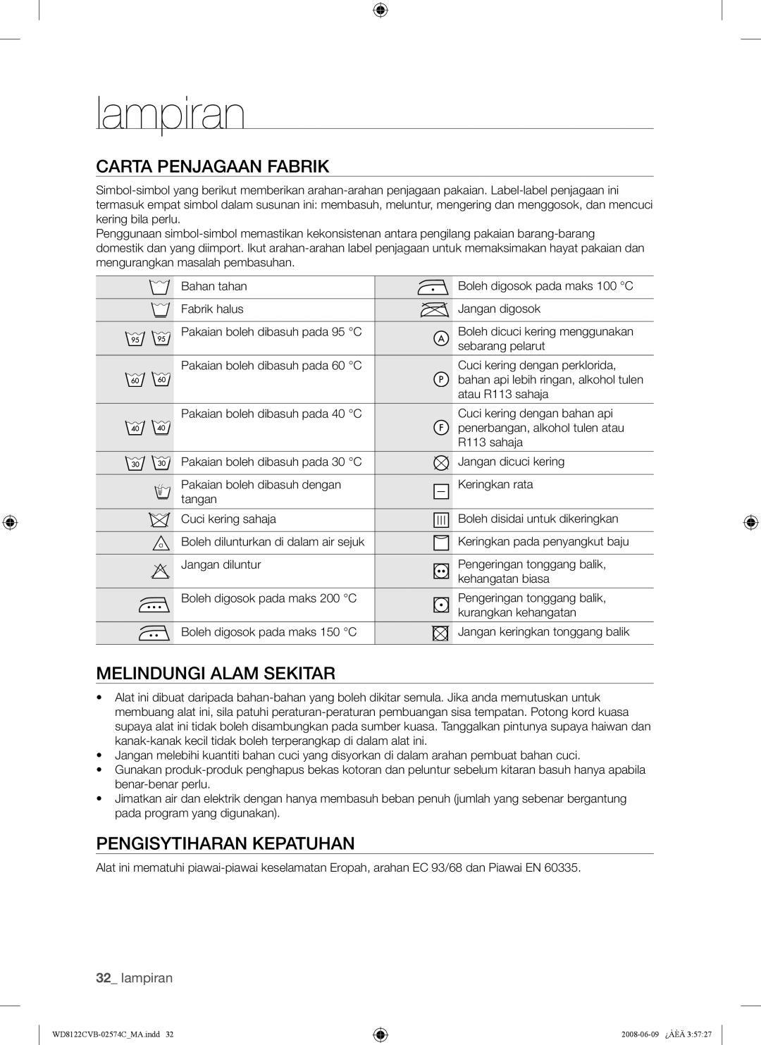 Samsung WD8122CVC, WD8122CVB, WD8122CVW Lampiran, Carta Penjagaan Fabrik, Melindungi Alam Sekitar, Pengisytiharan Kepatuhan 