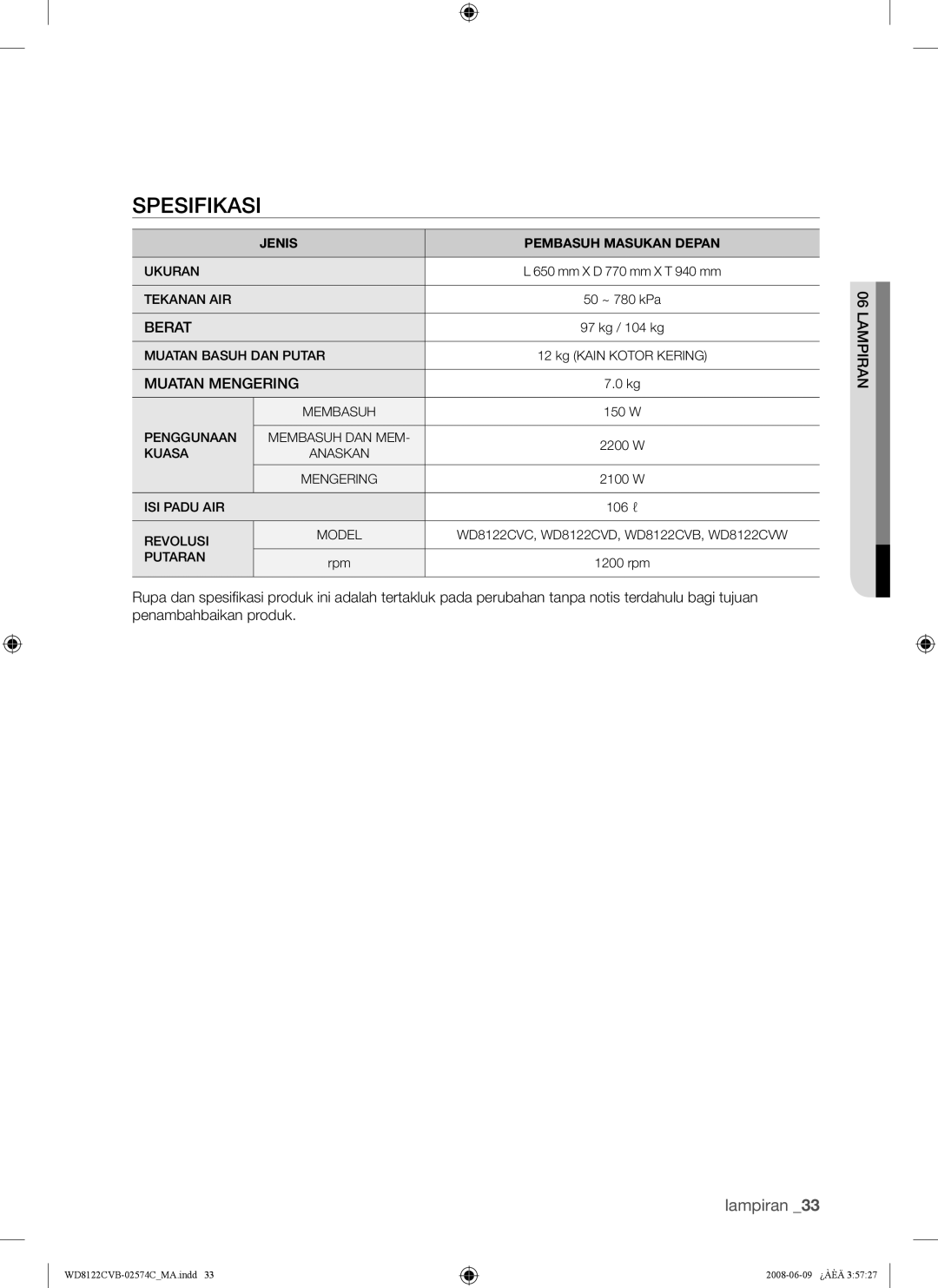 Samsung WD8122CVB, WD8122CVC, WD8122CVW, WD8122CVD user manual Spesifikasi, Muatan Mengering 