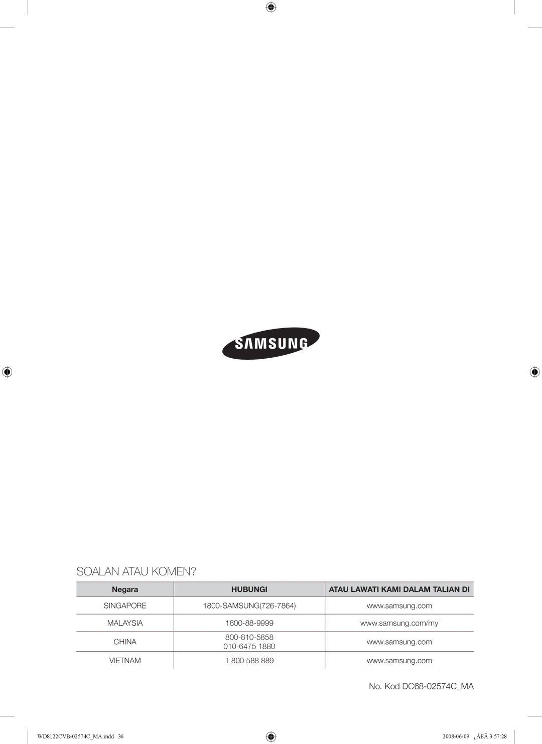 Samsung WD8122CVC, WD8122CVB, WD8122CVW, WD8122CVD user manual Soalan Atau KOMEN? 