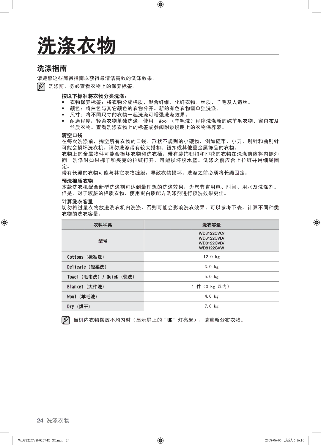 Samsung WD8122CVC, WD8122CVB, WD8122CVW, WD8122CVD user manual 洗涤指南, 衣料种类 洗衣容量 