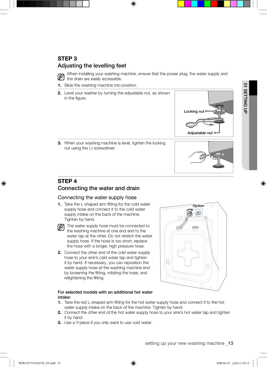 Samsung WD8122CVW/XSA manual Adjusting the levelling feet, Connecting the water and drain 