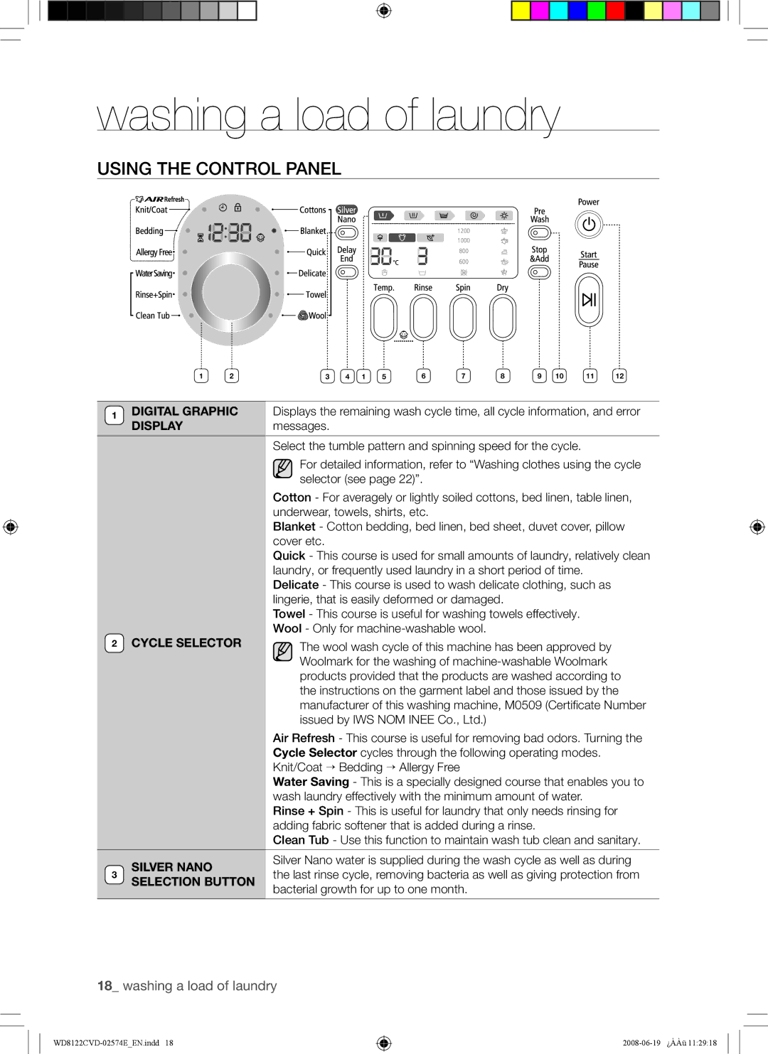 Samsung WD8122CVW/XSA manual Using the Control Panel, Cycle Selector 