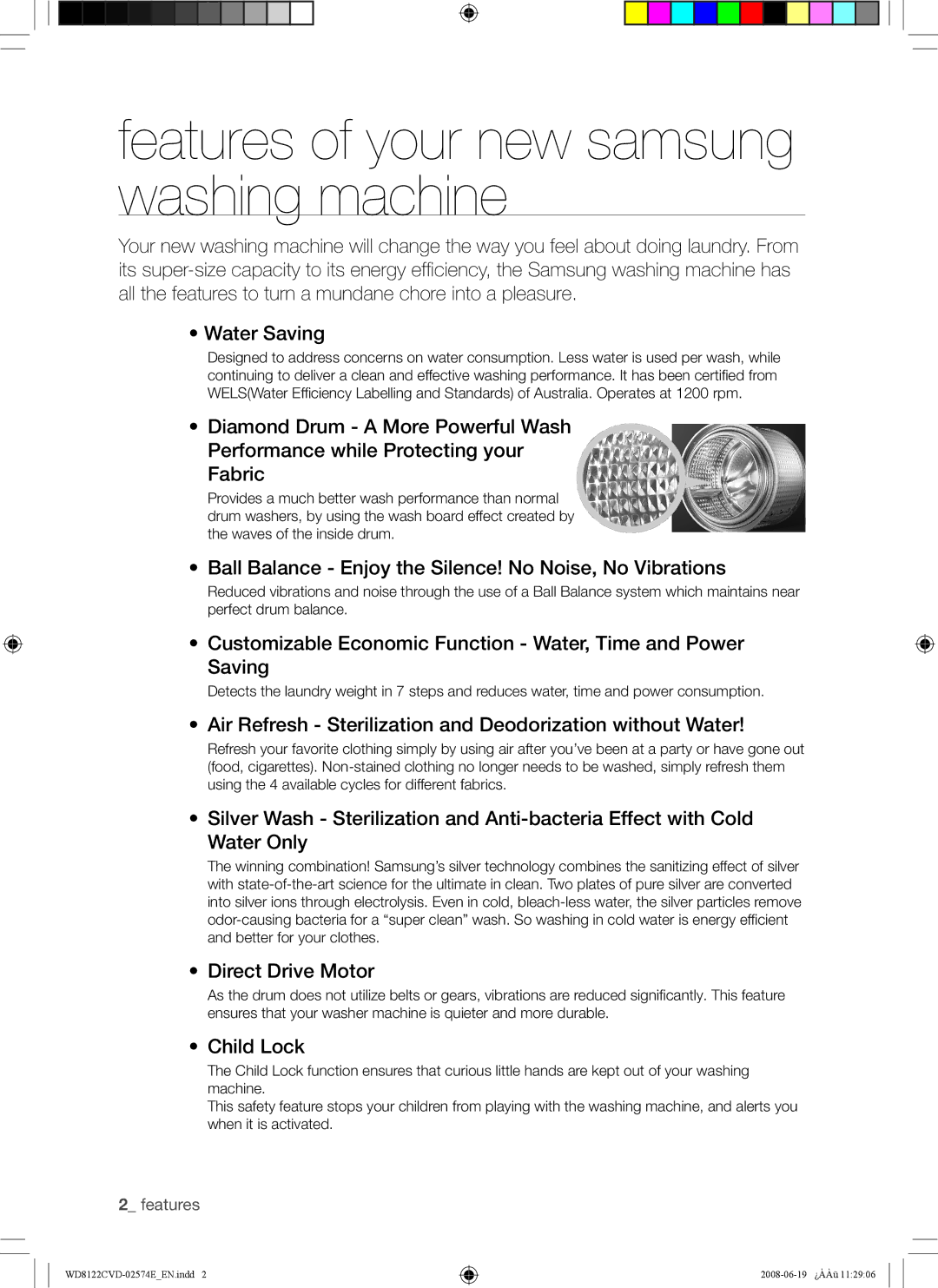 Samsung WD8122CVW/XSA manual Features of your new samsung washing machine 