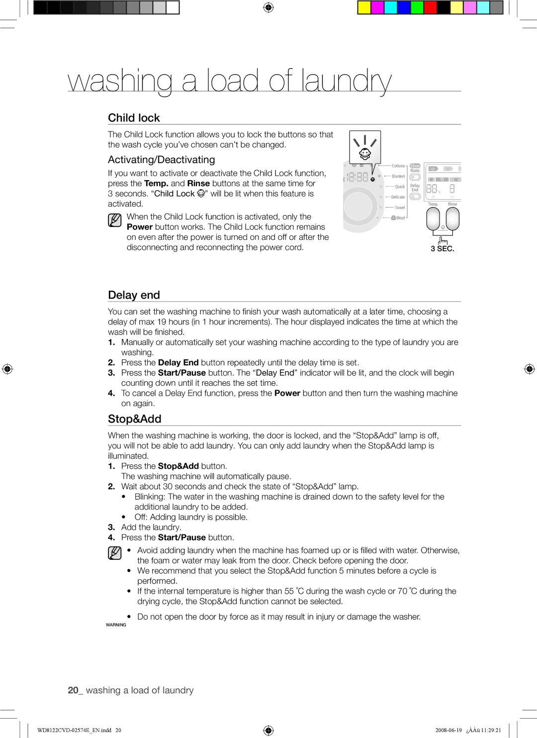 Samsung WD8122CVW/XSA manual Stop&Add, Activating/Deactivating 