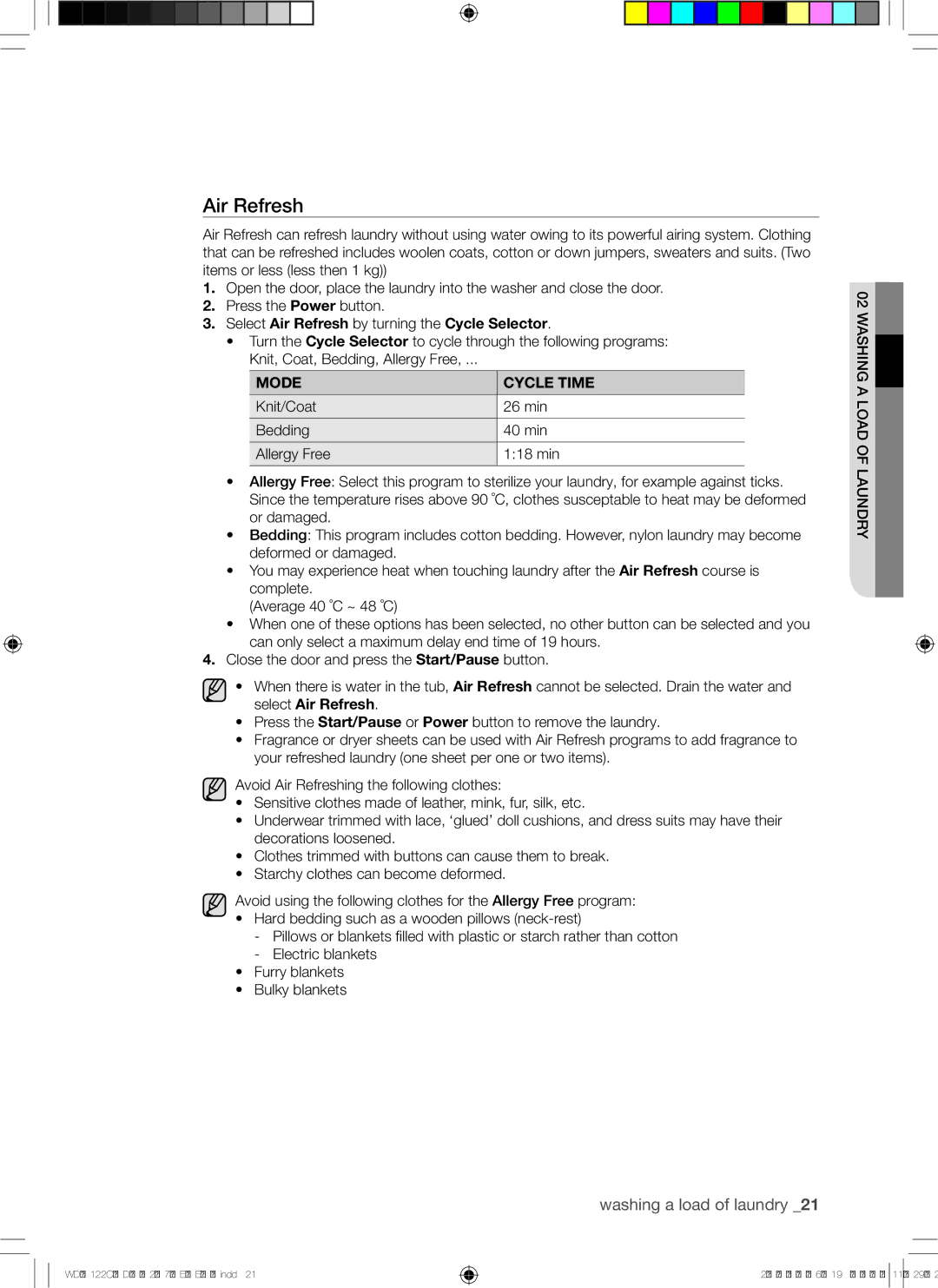 Samsung WD8122CVW/XSA manual Select Air Refresh by turning the Cycle Selector 