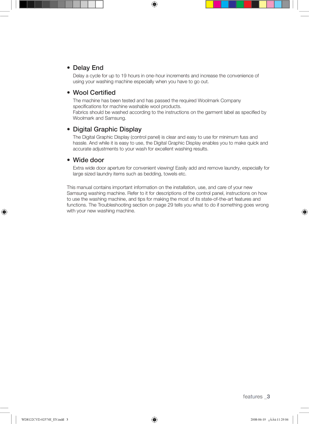 Samsung WD8122CVW/XSA manual Delay End, Wool Certiﬁed, Digital Graphic Display, Wide door 