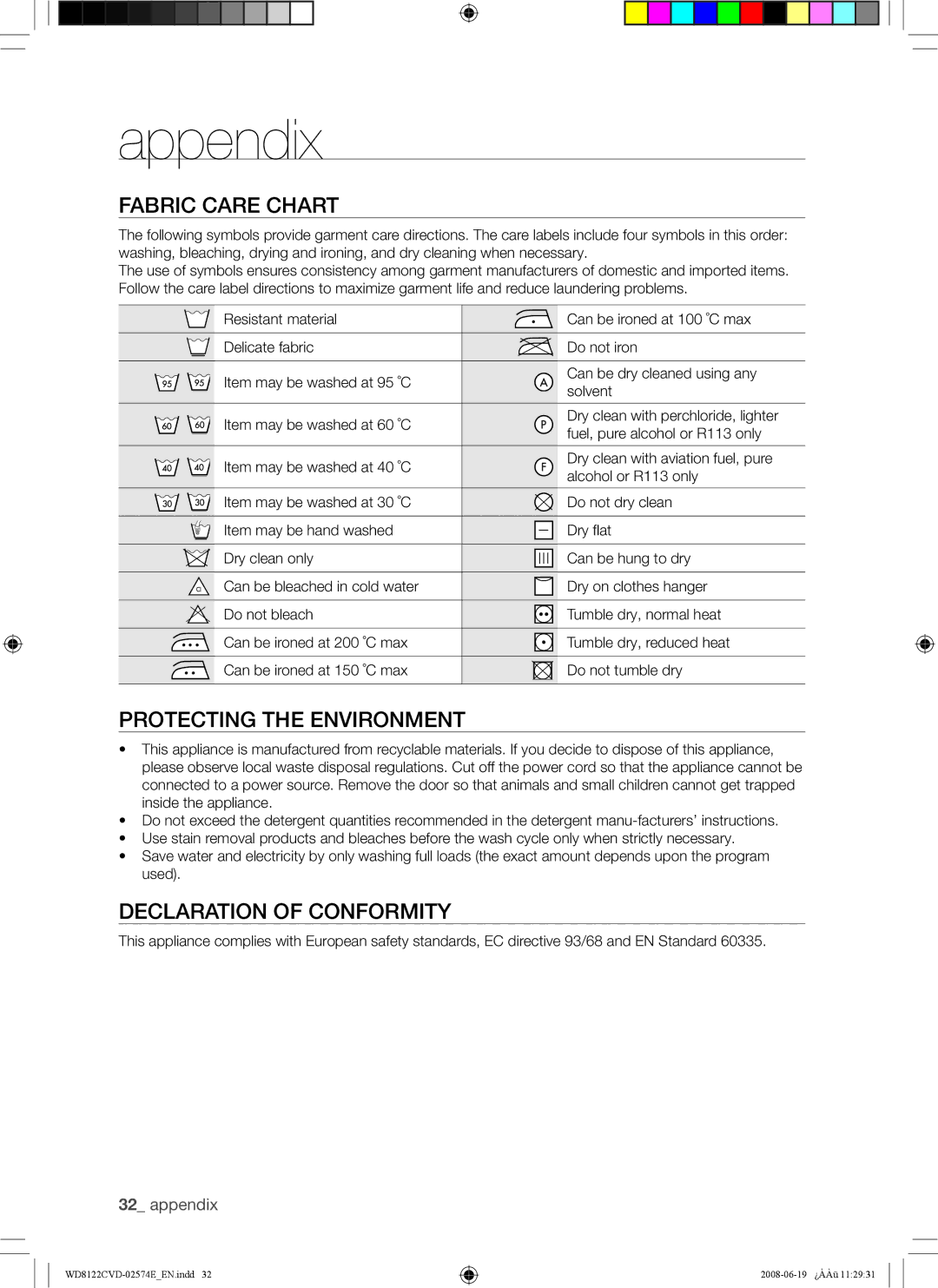 Samsung WD8122CVW/XSA manual Appendix, Fabric Care Chart, Protecting the Environment, Declaration of Conformity 