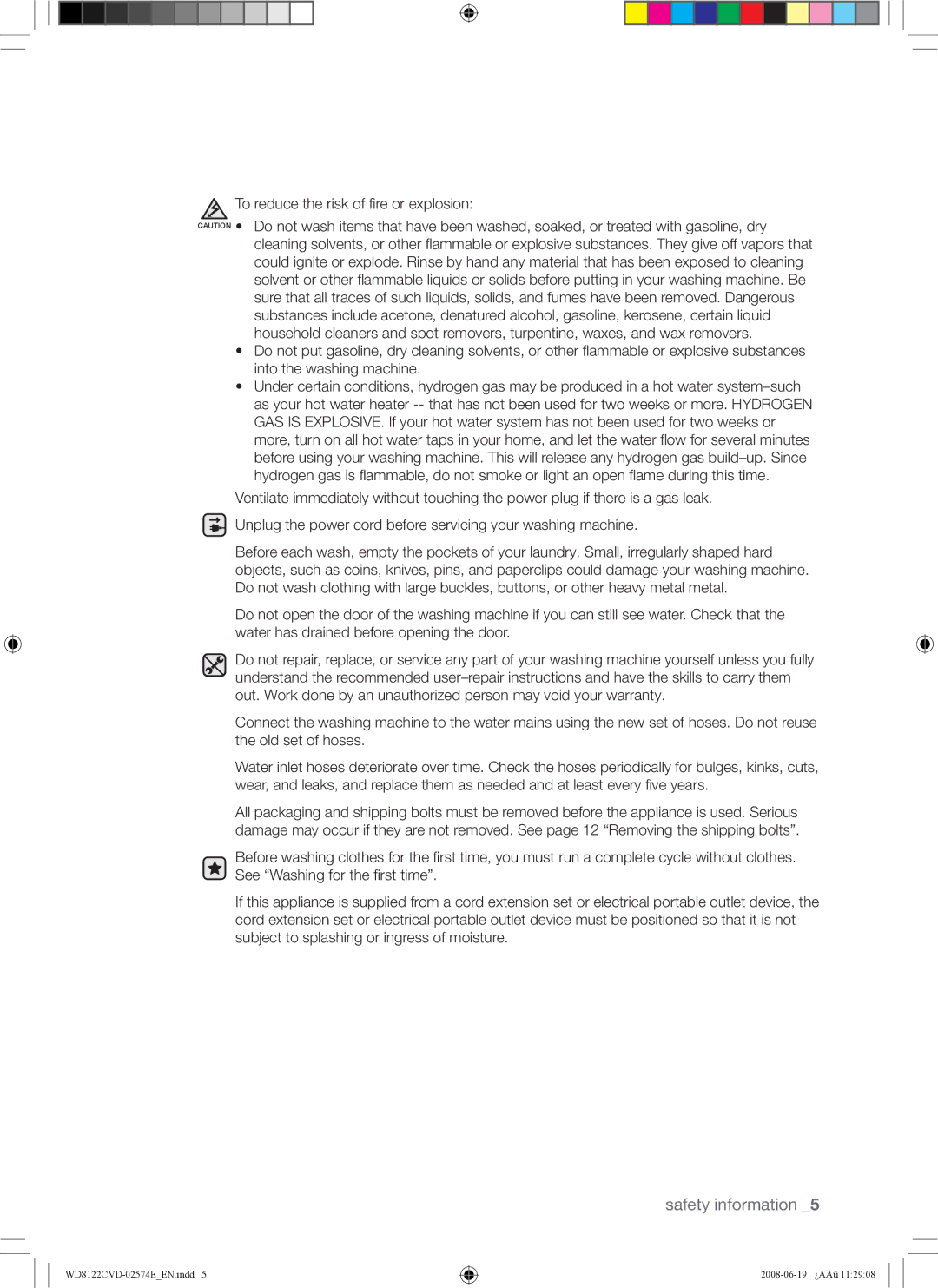 Samsung WD8122CVW/XSA manual Safety information 