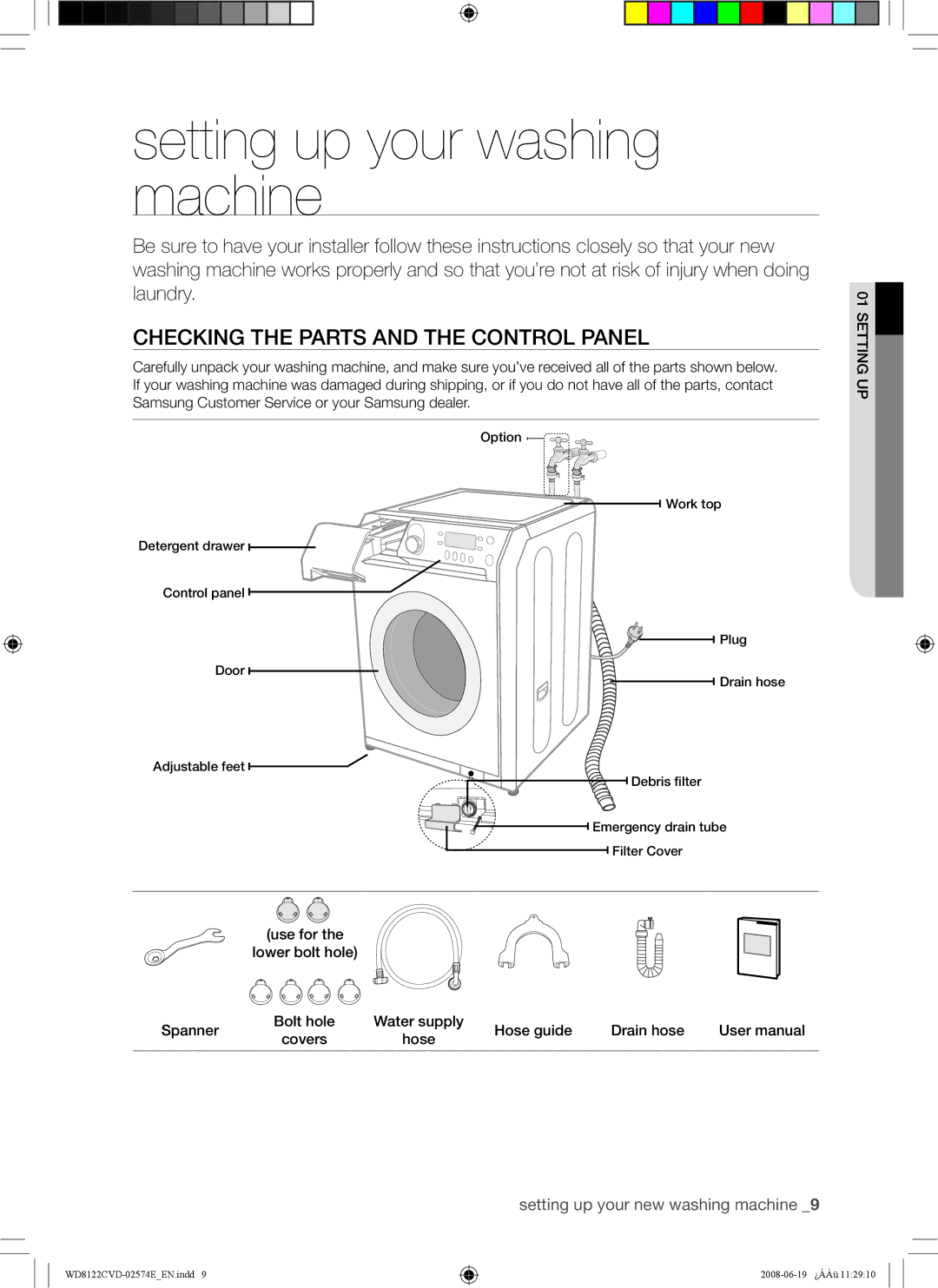 Samsung WD8122CVW/XSA manual Setting up your washing machine, Checking the Parts and the Control Panel 