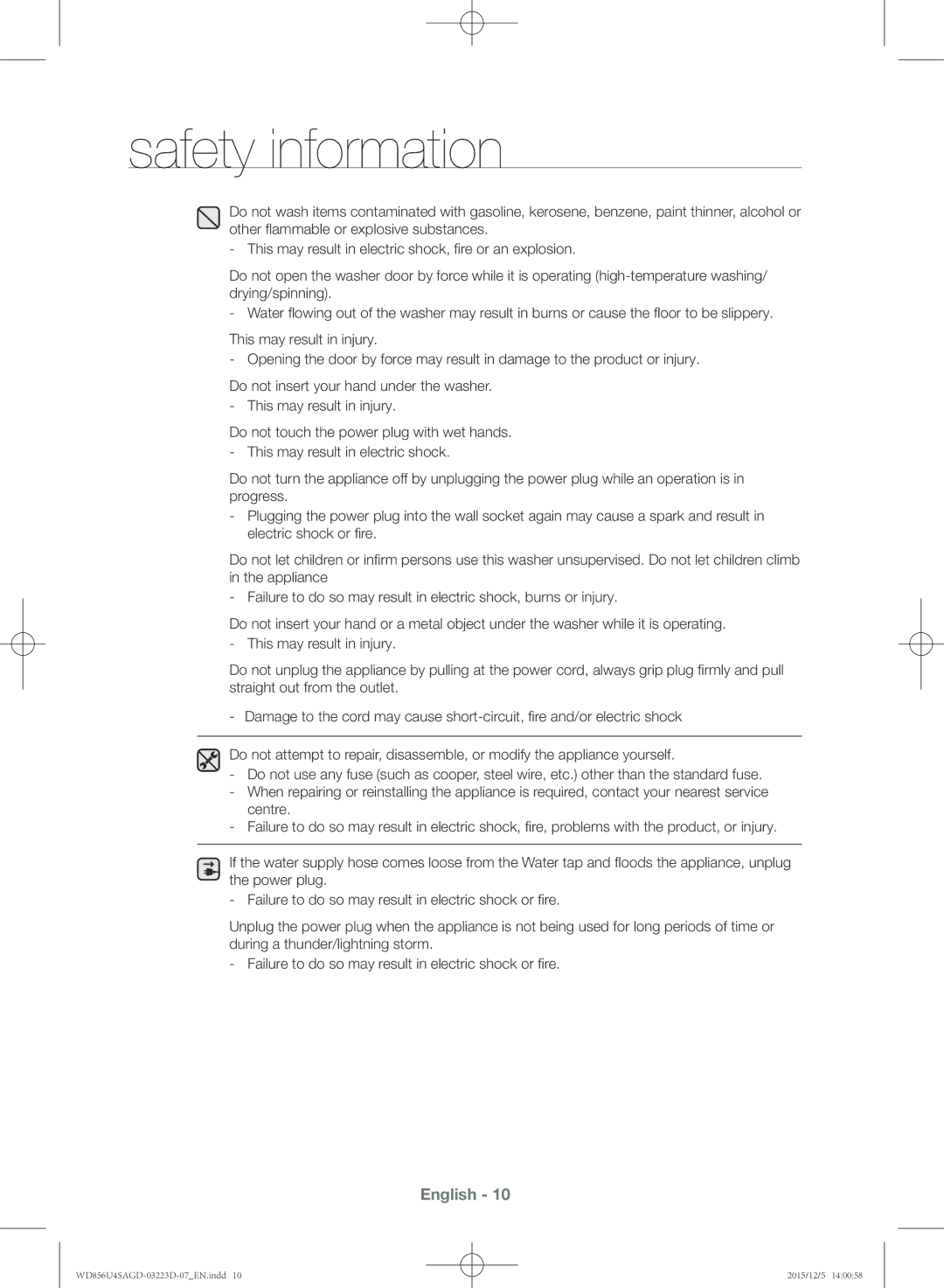 Samsung WD856U4SAGD/YL manual Safety information 