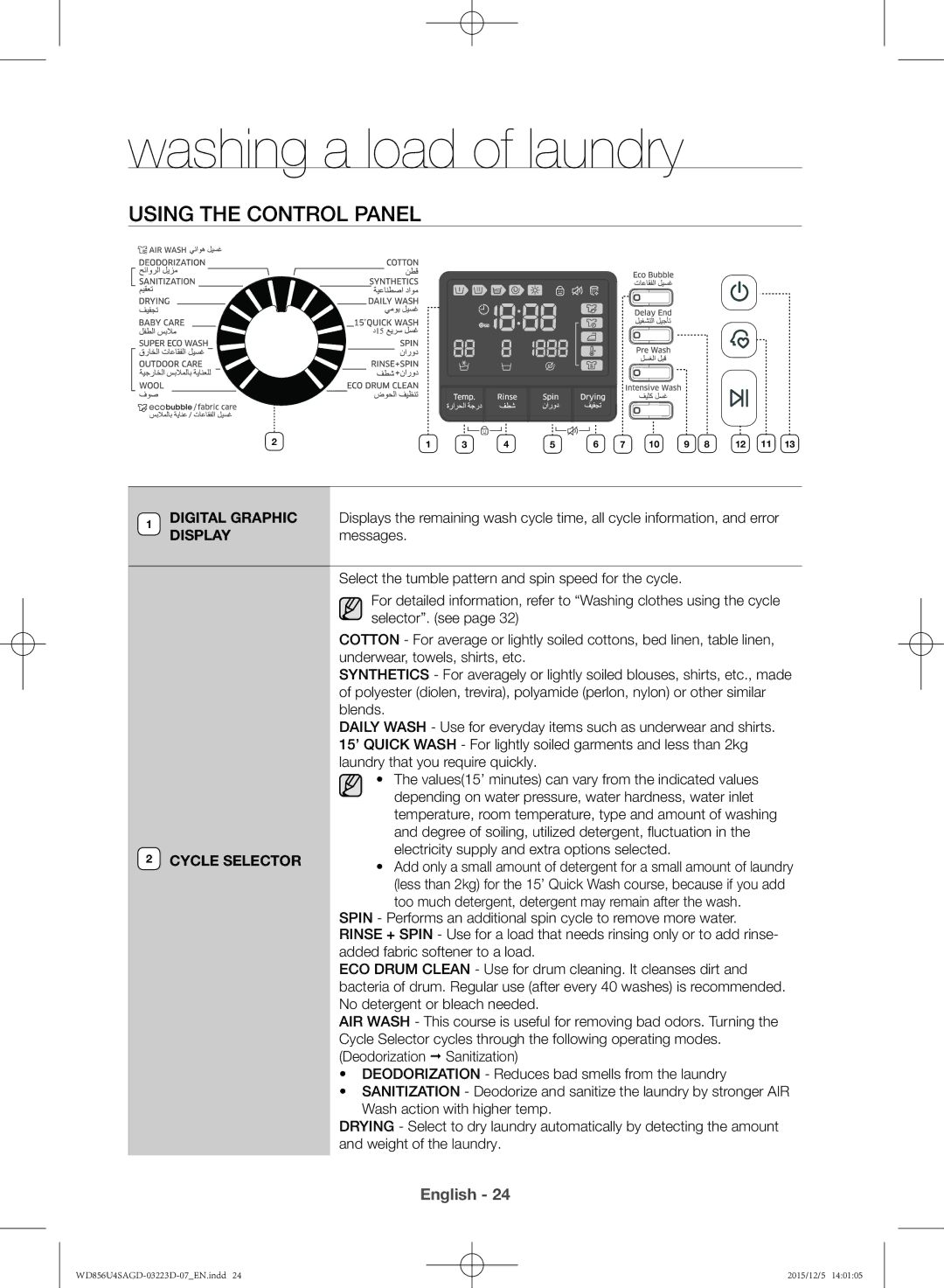 Samsung WD856U4SAGD/YL manual Using the control panel, Underwear, towels, shirts, etc 