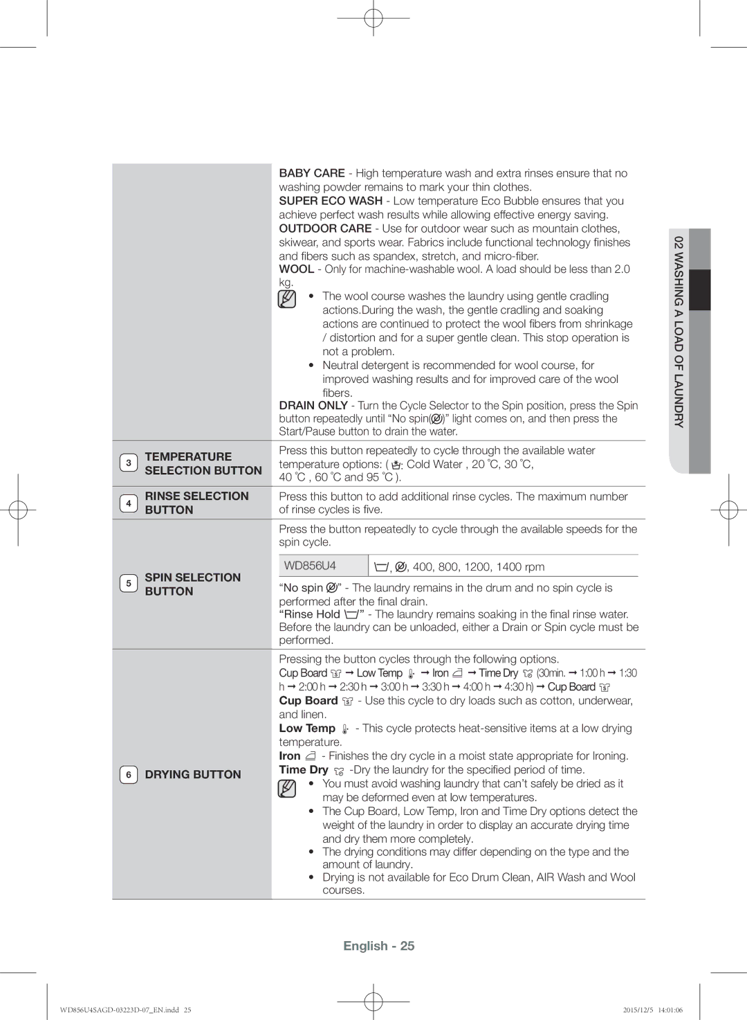 Samsung WD856U4SAGD/YL manual Temperature, Time Dry -Dry the laundry for the specified period of time 