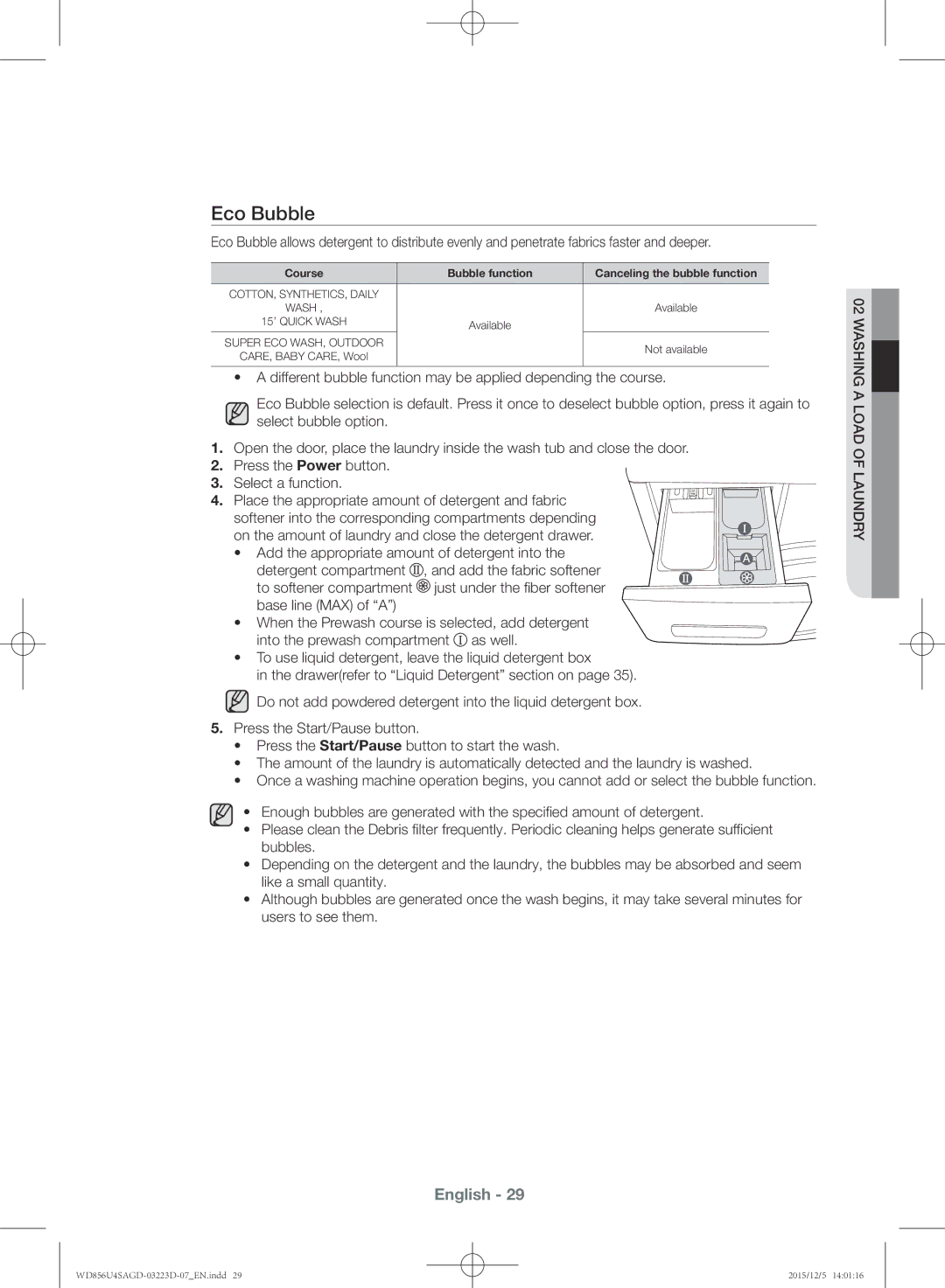 Samsung WD856U4SAGD/YL manual Eco Bubble, Course Bubble function Canceling the bubble function 