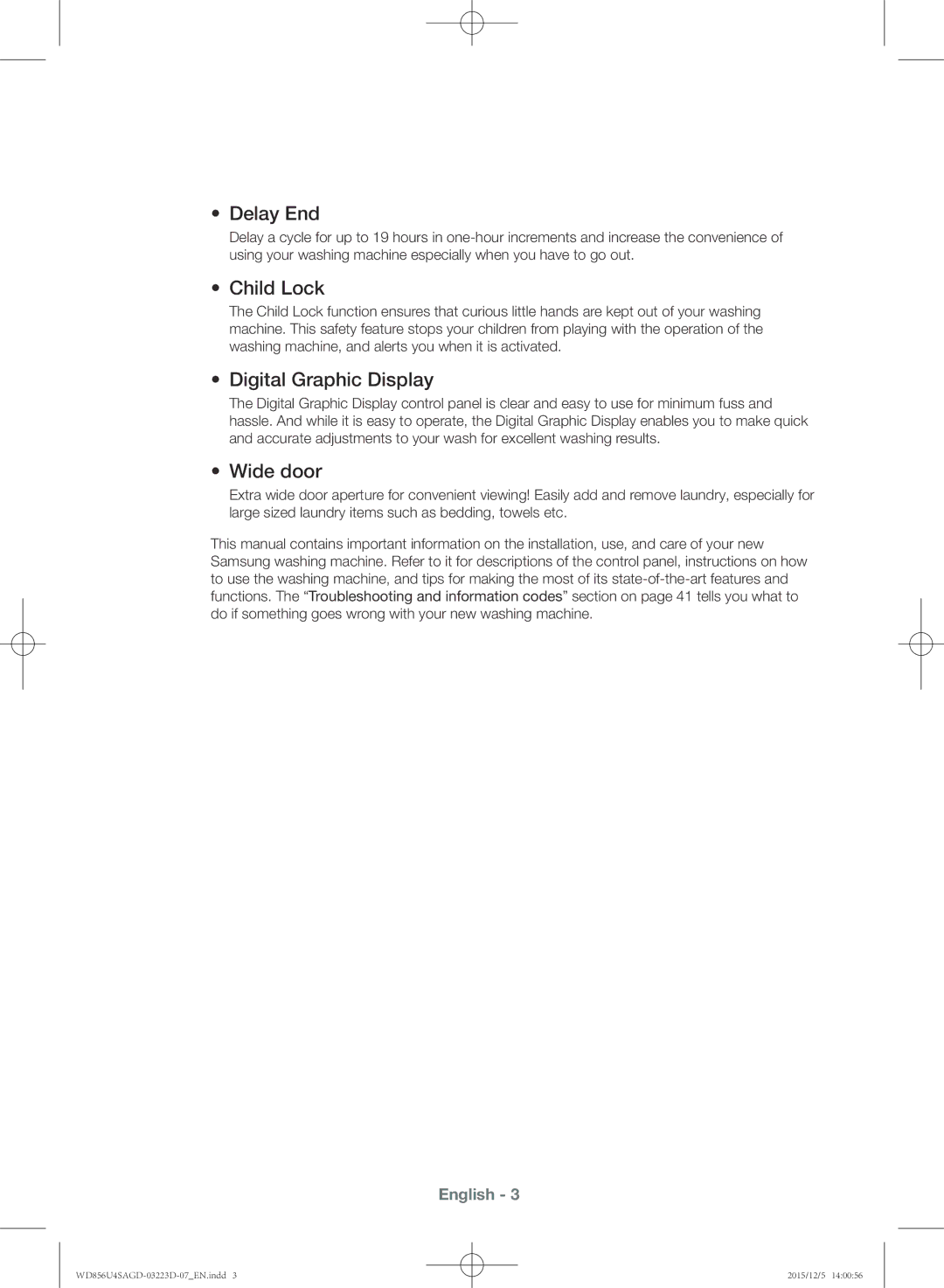 Samsung WD856U4SAGD/YL manual Delay End, Child Lock, Digital Graphic Display, Wide door 