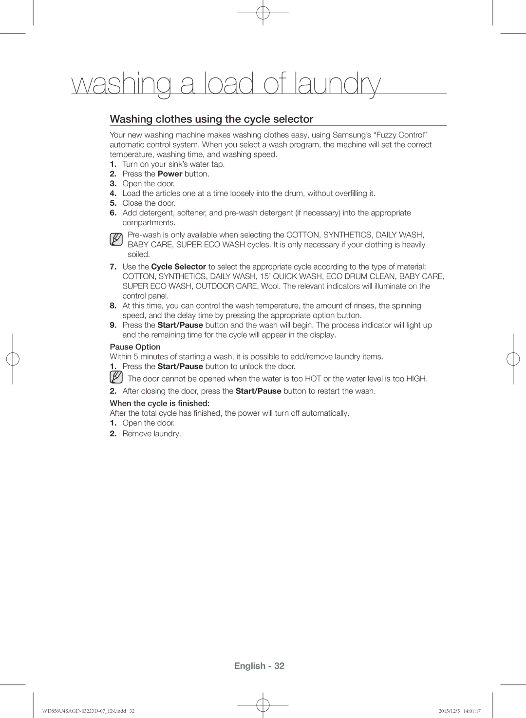 Samsung WD856U4SAGD/YL manual Washing clothes using the cycle selector 