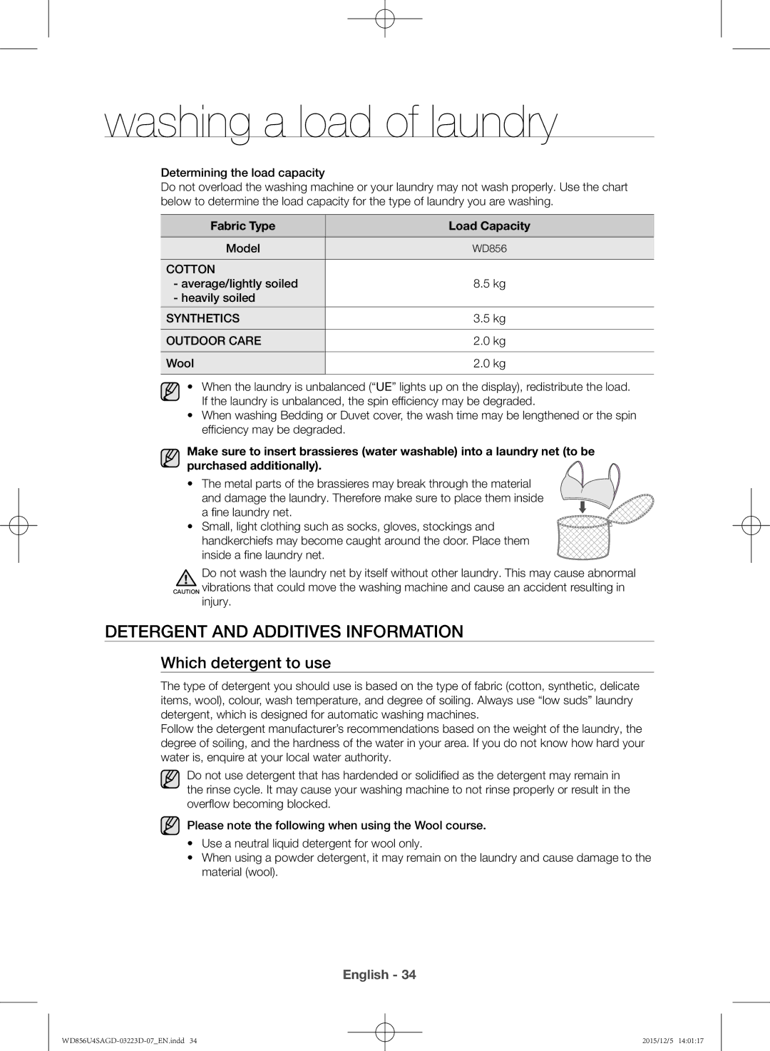 Samsung WD856U4SAGD/YL manual Detergent and additives information, Which detergent to use, Fabric Type Load Capacity 