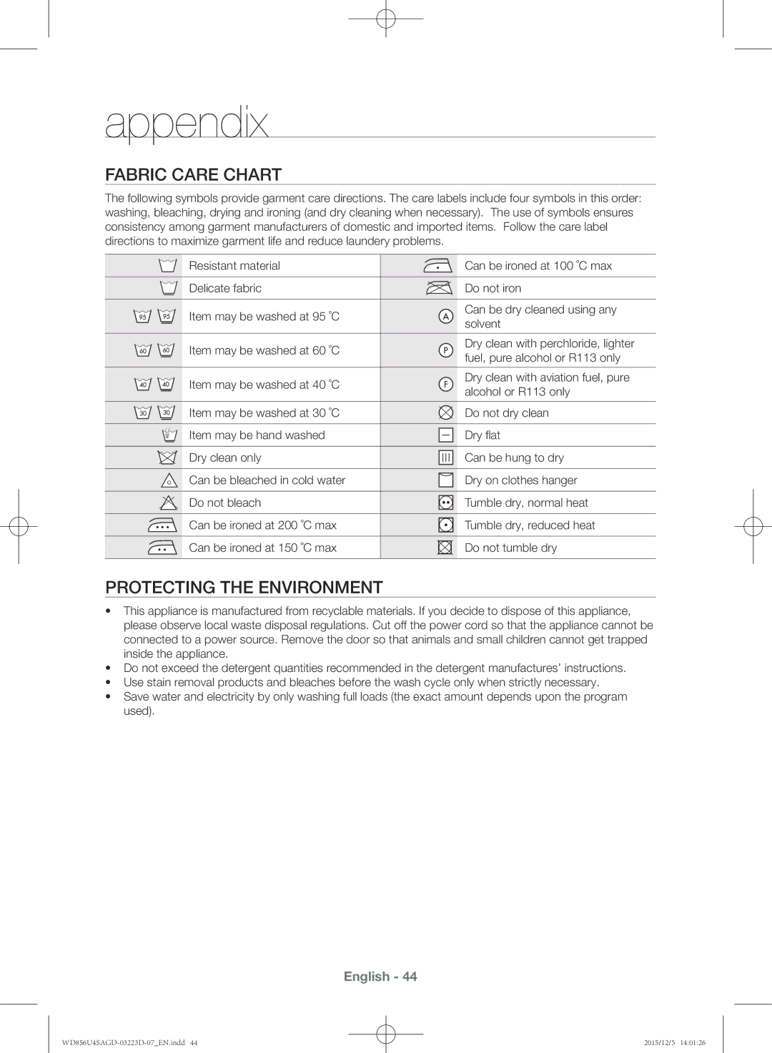 Samsung WD856U4SAGD/YL manual Appendix, Fabric care chart, Protecting the environment 