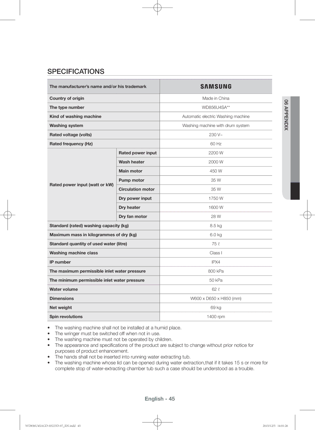 Samsung WD856U4SAGD/YL manual Specifications, IPX4 