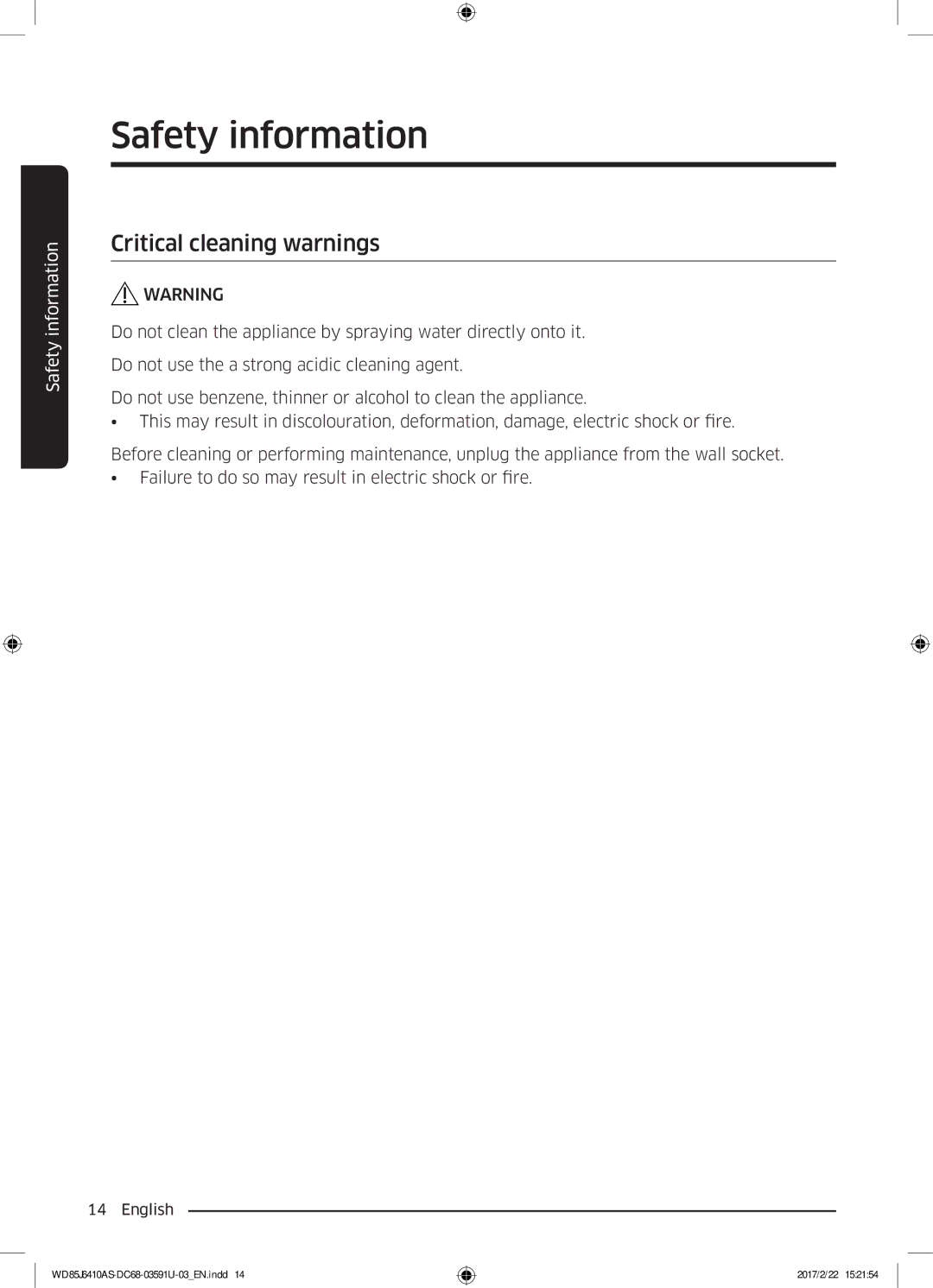 Samsung WD85J6410AS/YL, WD75J6410AW/YL manual Critical cleaning warnings 