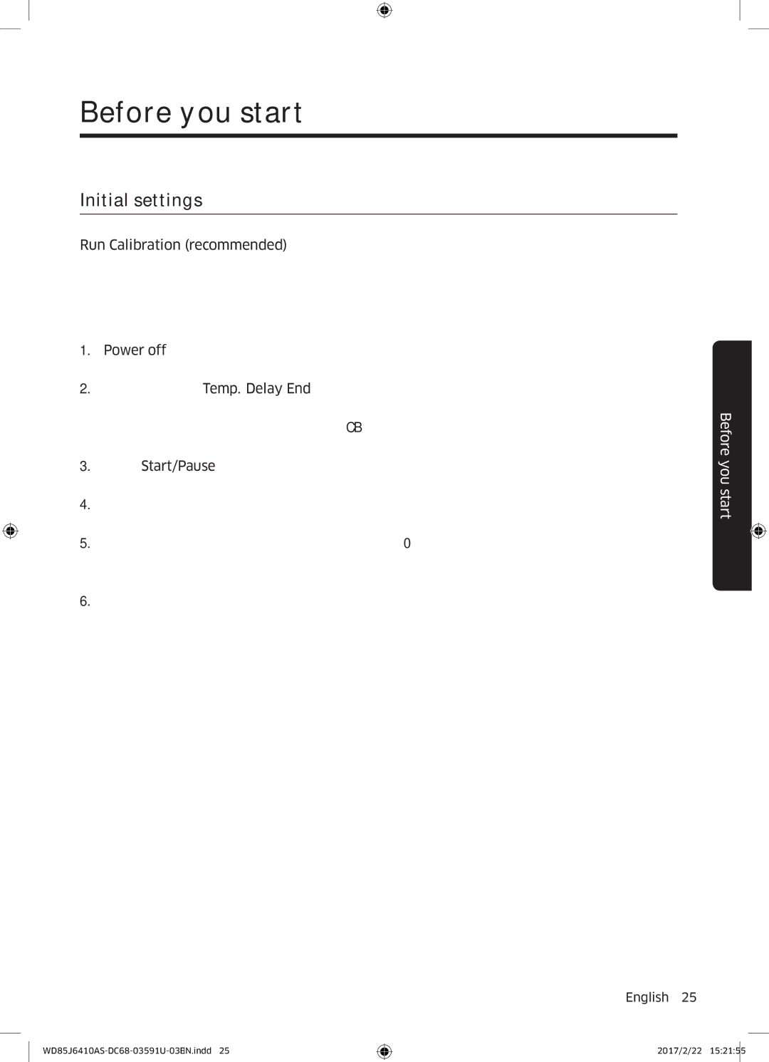 Samsung WD75J6410AW/YL, WD85J6410AS/YL manual Before you start, Initial settings 