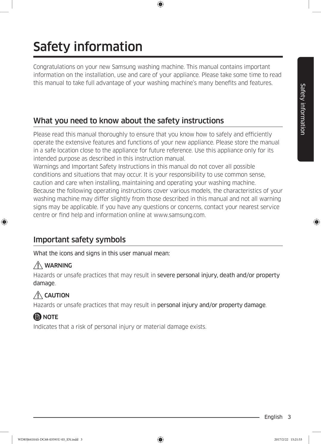 Samsung WD75J6410AW/YL, WD85J6410AS/YL manual Safety information 