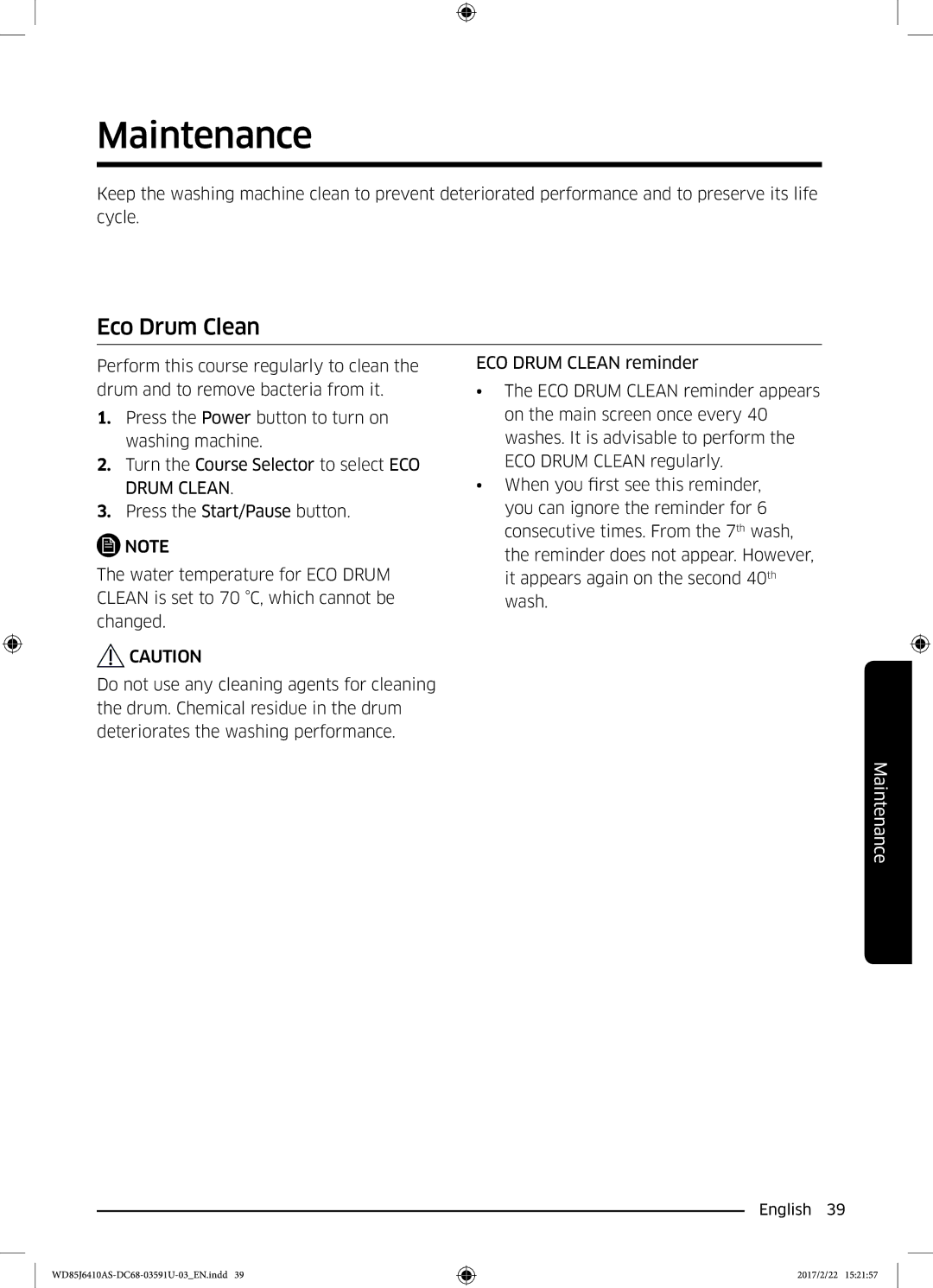 Samsung WD75J6410AW/YL, WD85J6410AS/YL manual Maintenance, Eco Drum Clean 