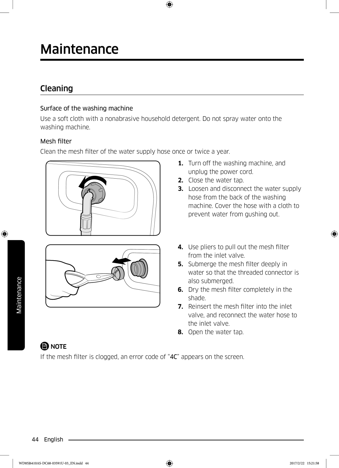 Samsung WD85J6410AS/YL, WD75J6410AW/YL manual Cleaning 